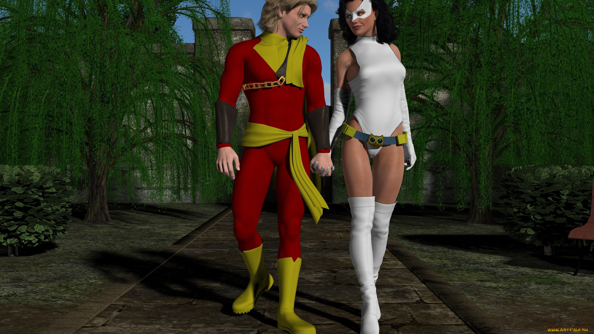 3д, графика, романтика, , romantics, девушка, пареньмаска, фон, взгляд