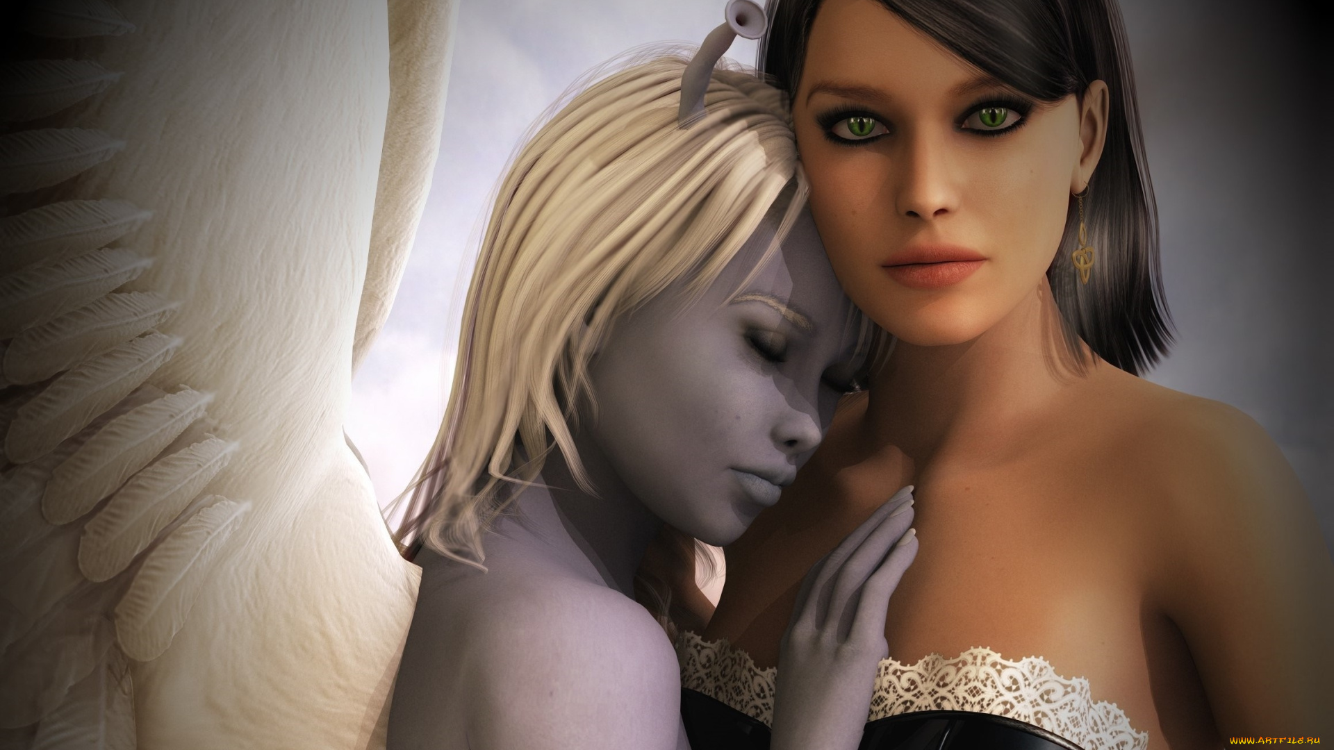 3д, графика, существа, , creatures, девушки, взгляд, фон