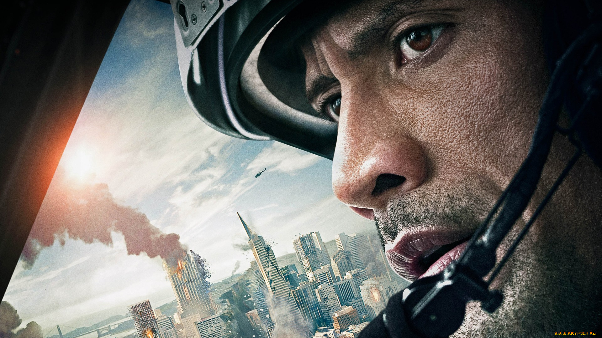 кино, фильмы, san, andreas, катастрофа, город, вертолет, шлем, пилот, dwayne, johnson, дуэйн, джонсон, san, andreas, разлом, сан-андреас
