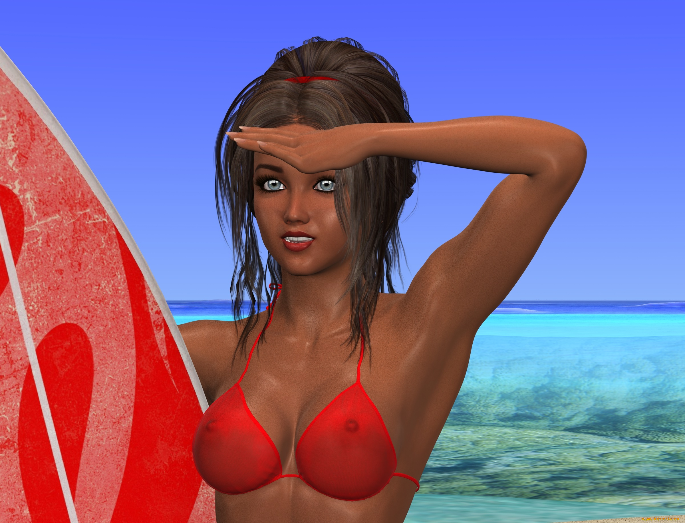 3д, графика, люди, , people, девушка, серфинг, доска, море, фон, взгляд