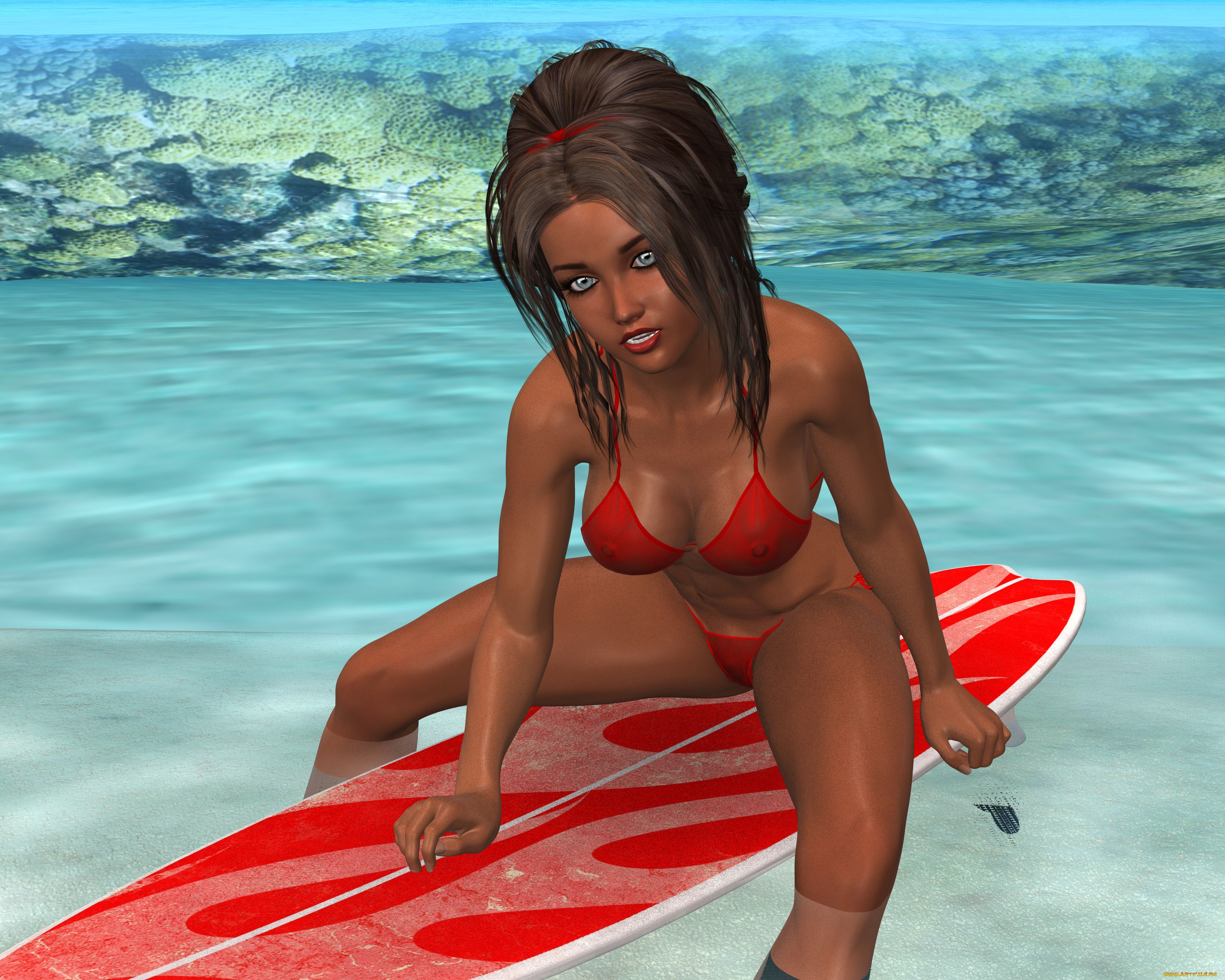 3д, графика, люди, , people, девушка, серфинг, доска, море, фон, взгляд