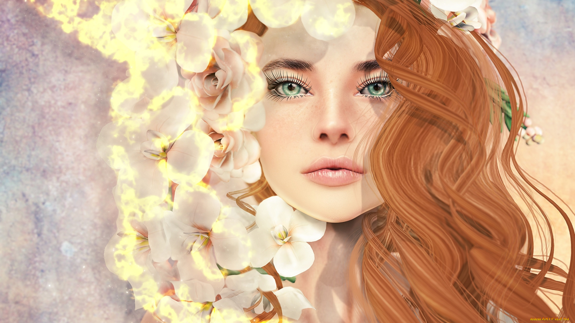 3д, графика, портрет, , portraits, девушка, цветы, волосы, лицо