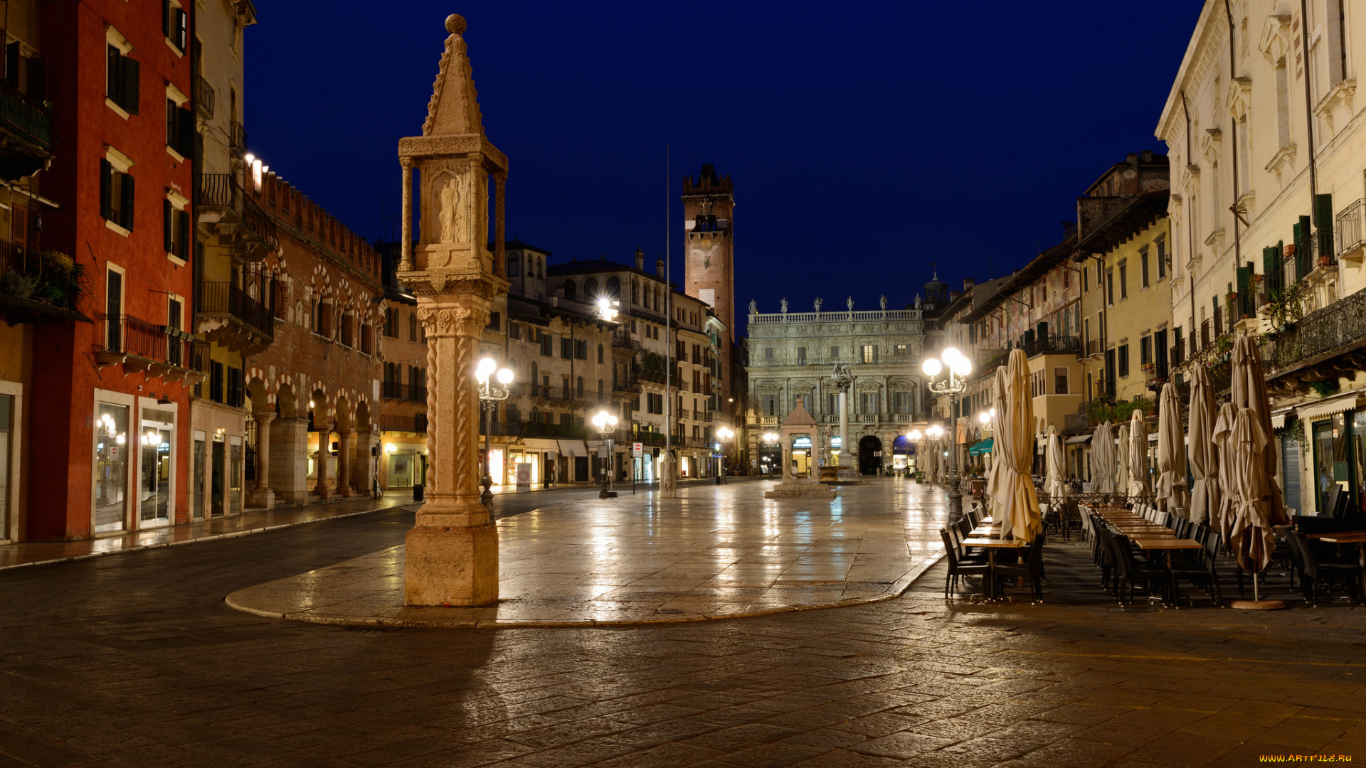 города, верона, , италия, дома, площадь, огни, ночь, верона