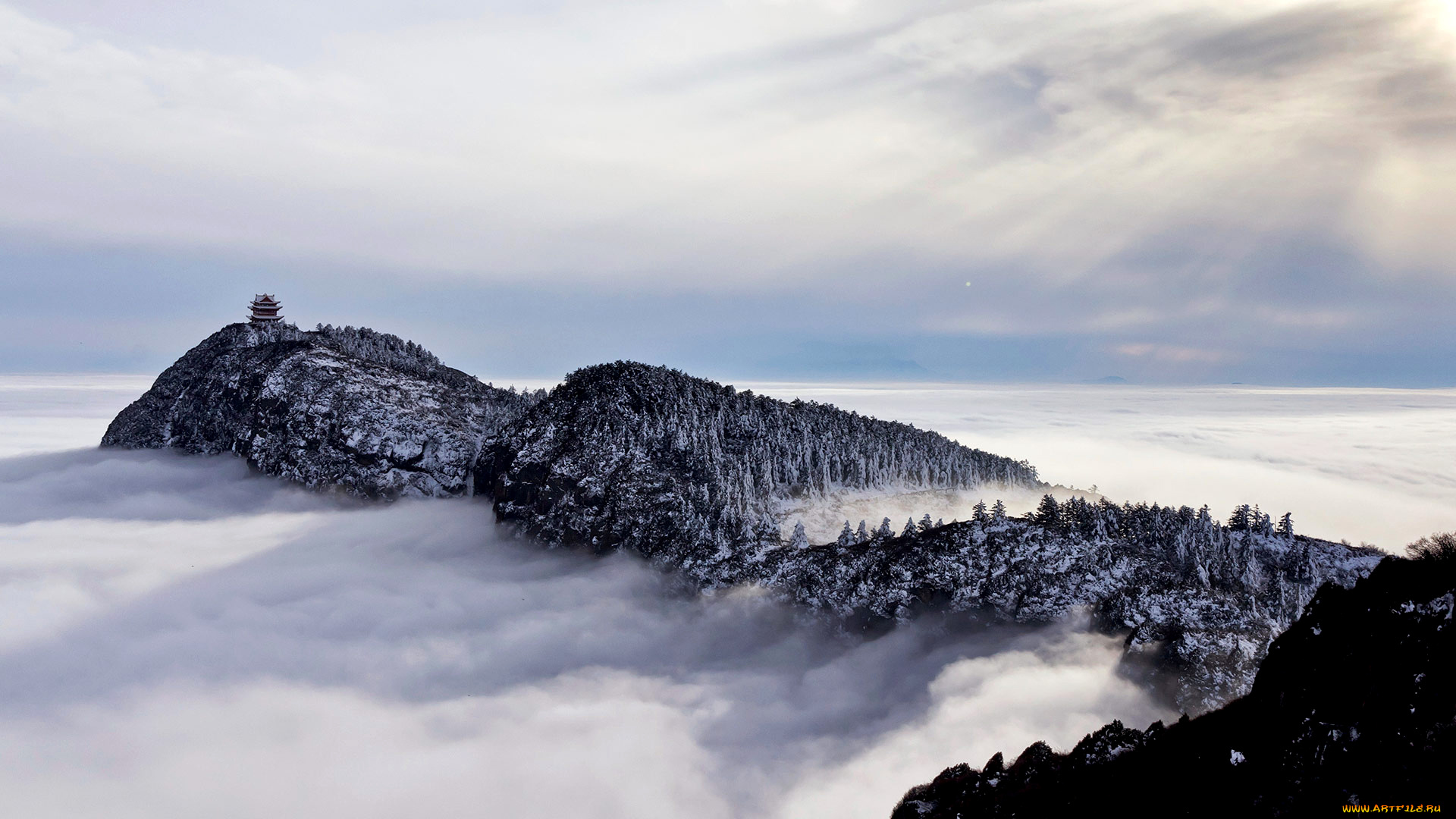 природа, горы, деревья, скалы, китай, пагода, облака