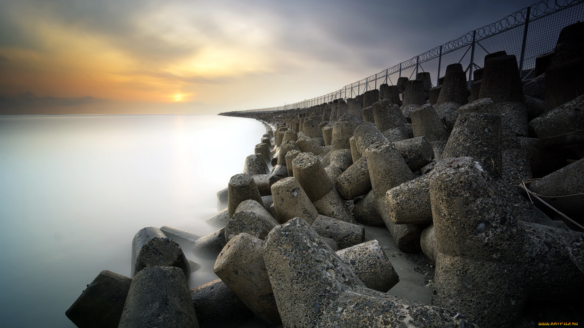 природа, побережье, пейзаж, дамба, закат, море