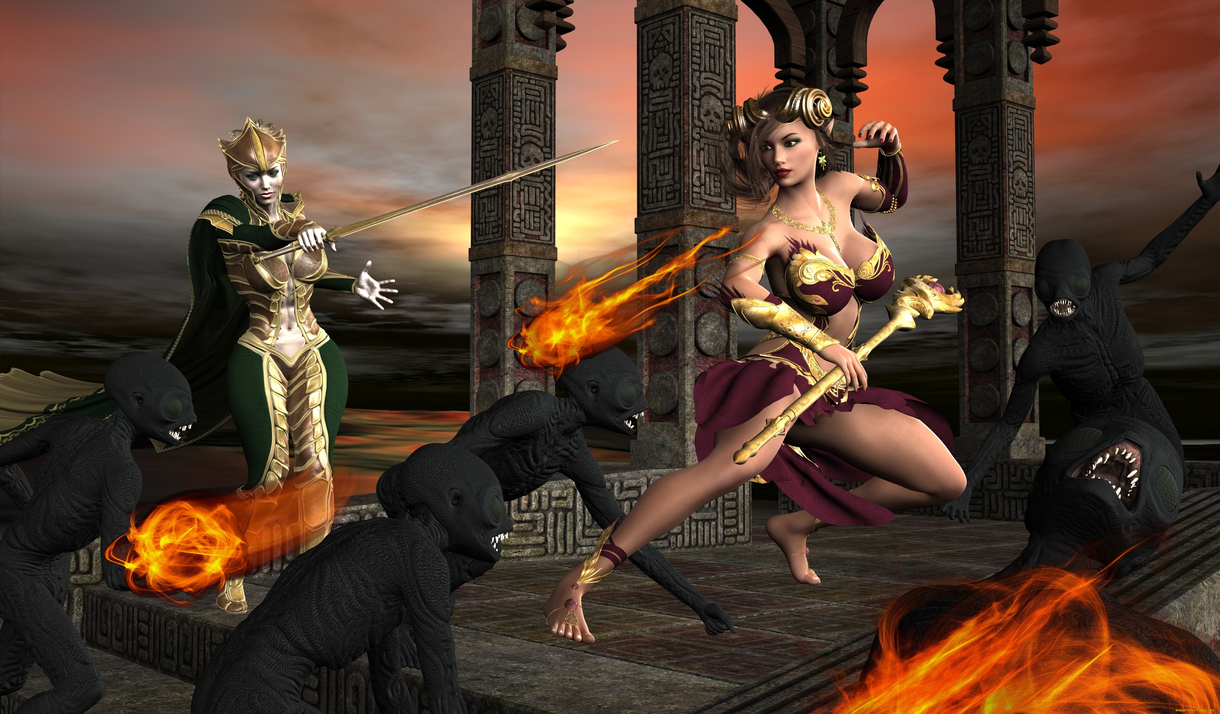 3д, графика, фантазия, , fantasy, существа, оружие, фон, взгляд, девушки