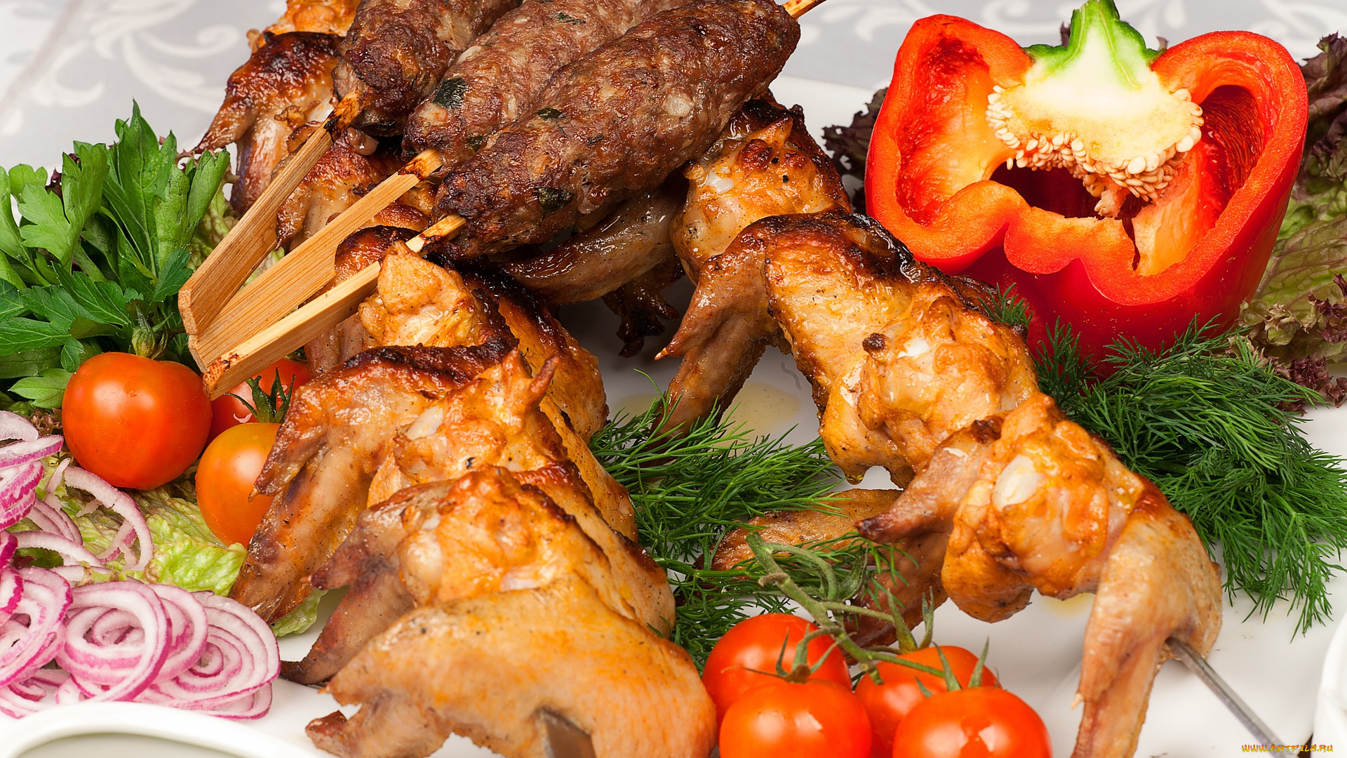 еда, мясные, блюда, помидоры, томаты, мясо, курица, шашлык