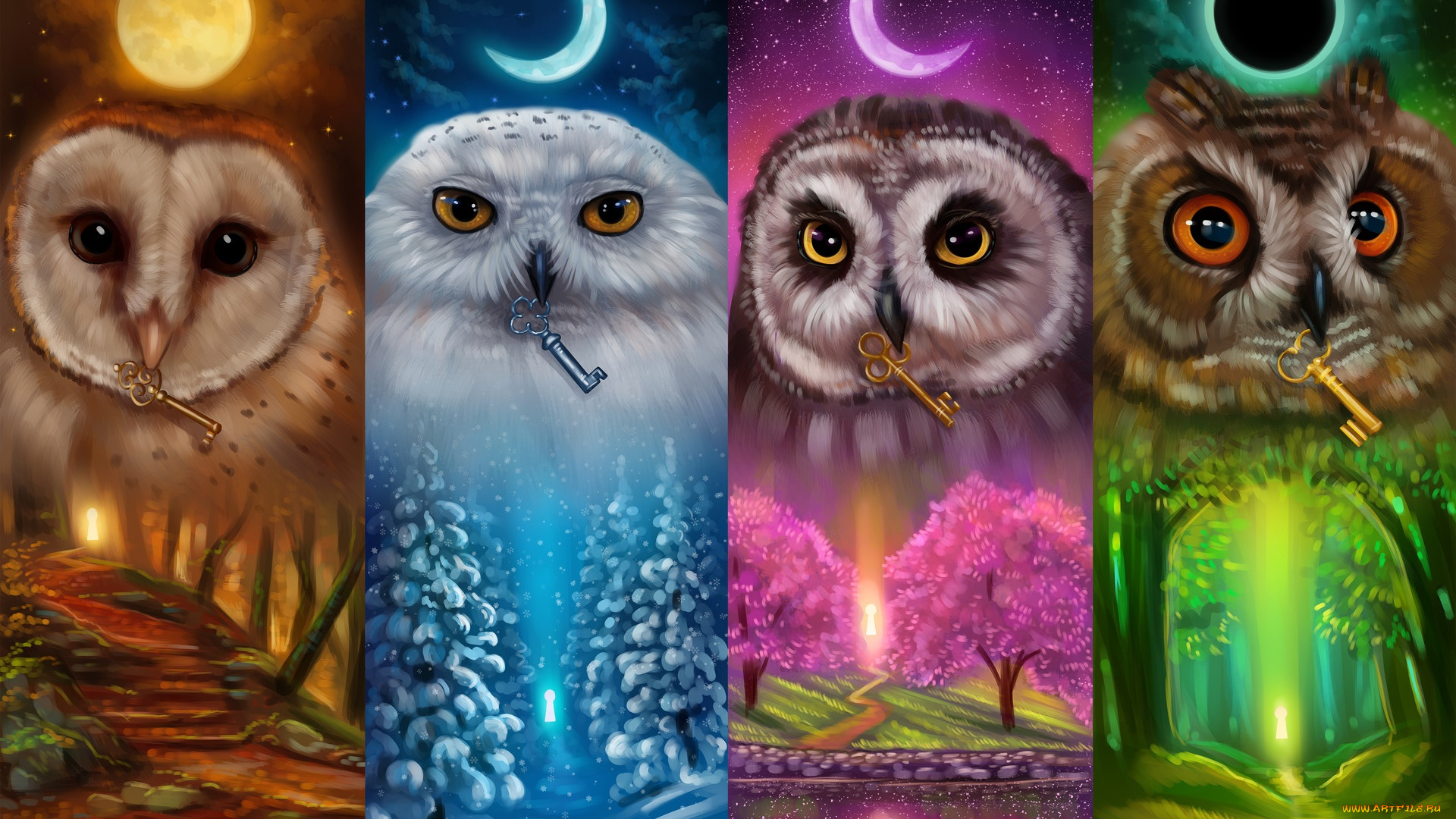 рисованное, животные, , птицы, , совы, , филины, ключи, совы, луна, хранители, ключей