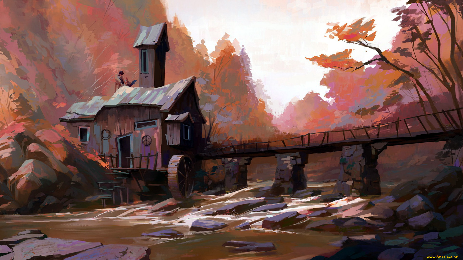 рисованное, города, девушка, домик, мельница, мост, поток, лес