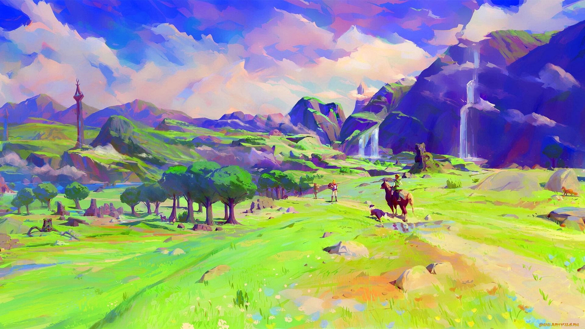 the, legend, of, zelda, , breath, of, the, wild, видео, игры, горы, водопады, башня, дорога, люди, деревья