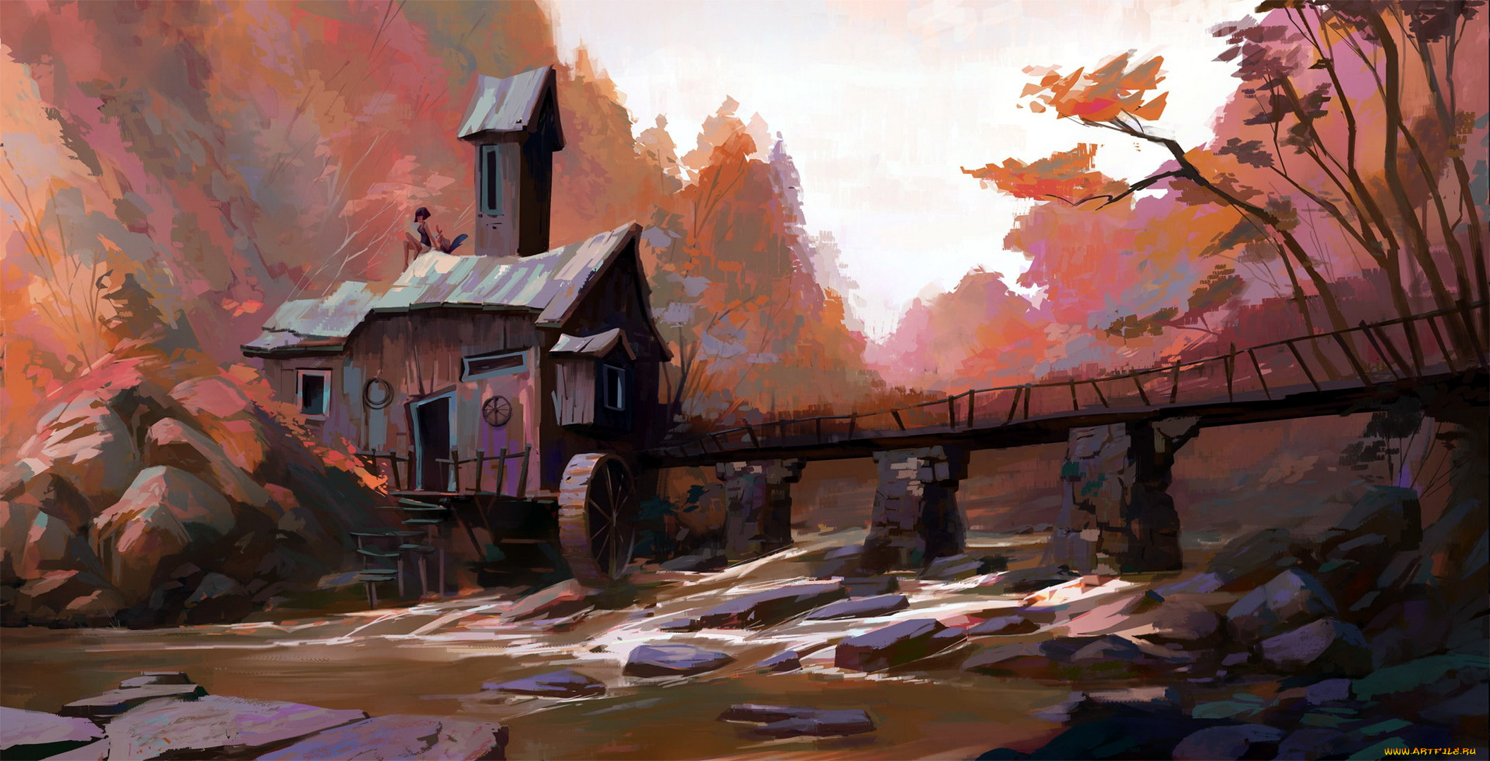 рисованное, города, девушка, домик, мельница, мост, поток, лес