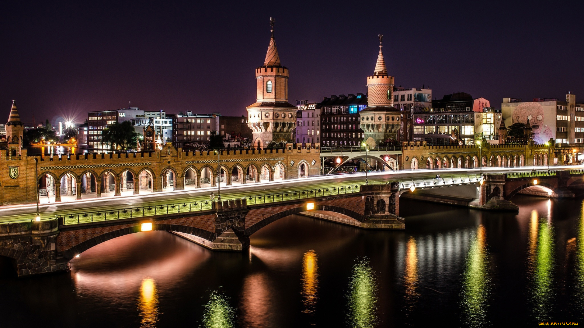 города, берлин, , германия, вечер, огни, мост