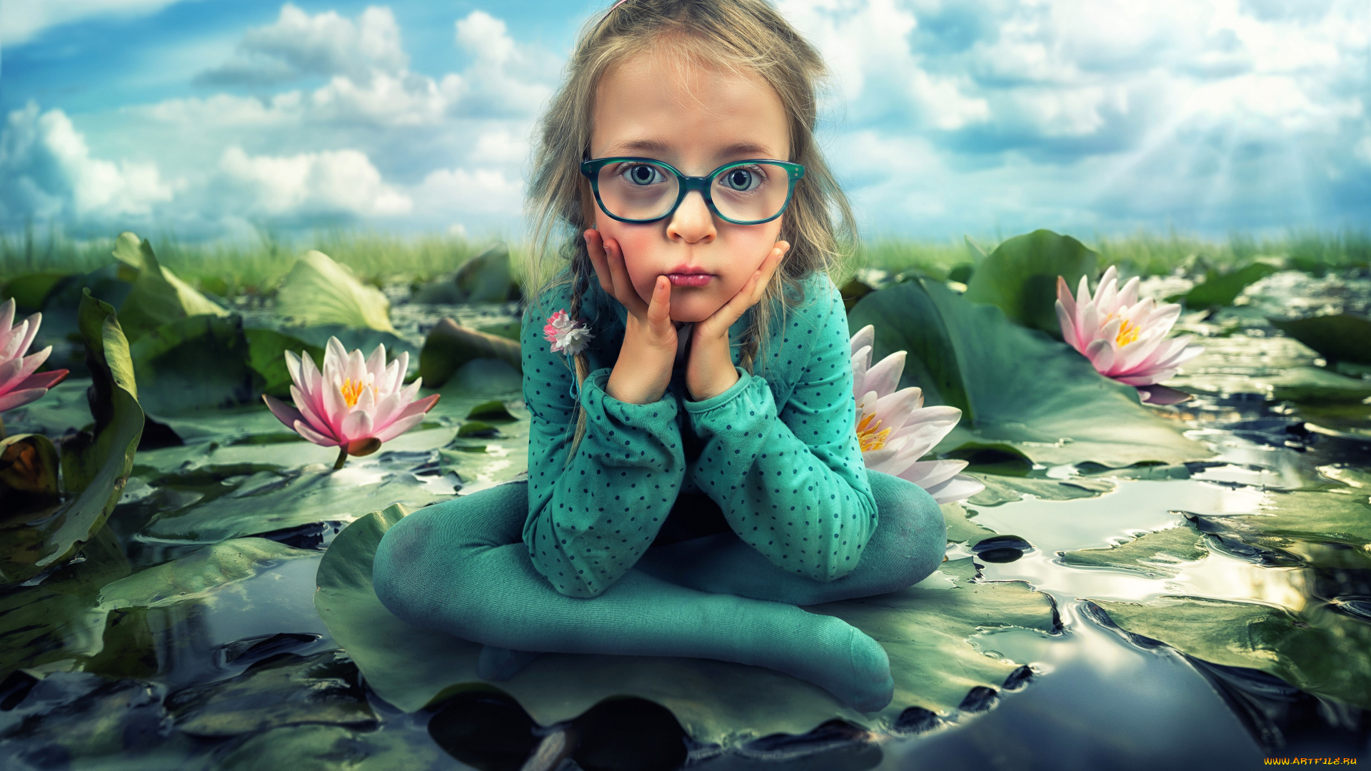 разное, дети, девочка, очки, озеро, лотосы