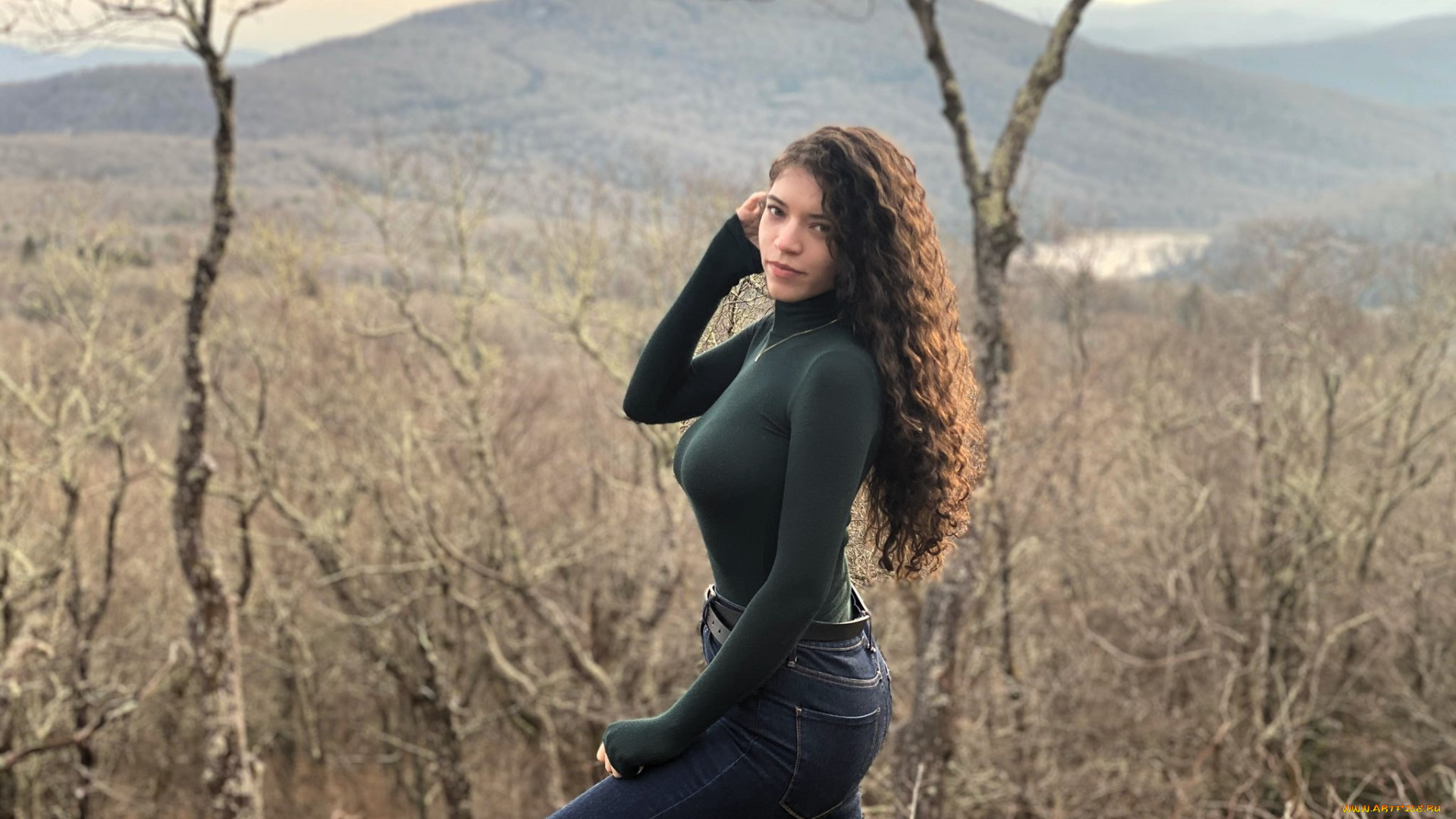 девушки, -, брюнетки, , шатенки, шатенка, свитер, джинсы, горы, лес