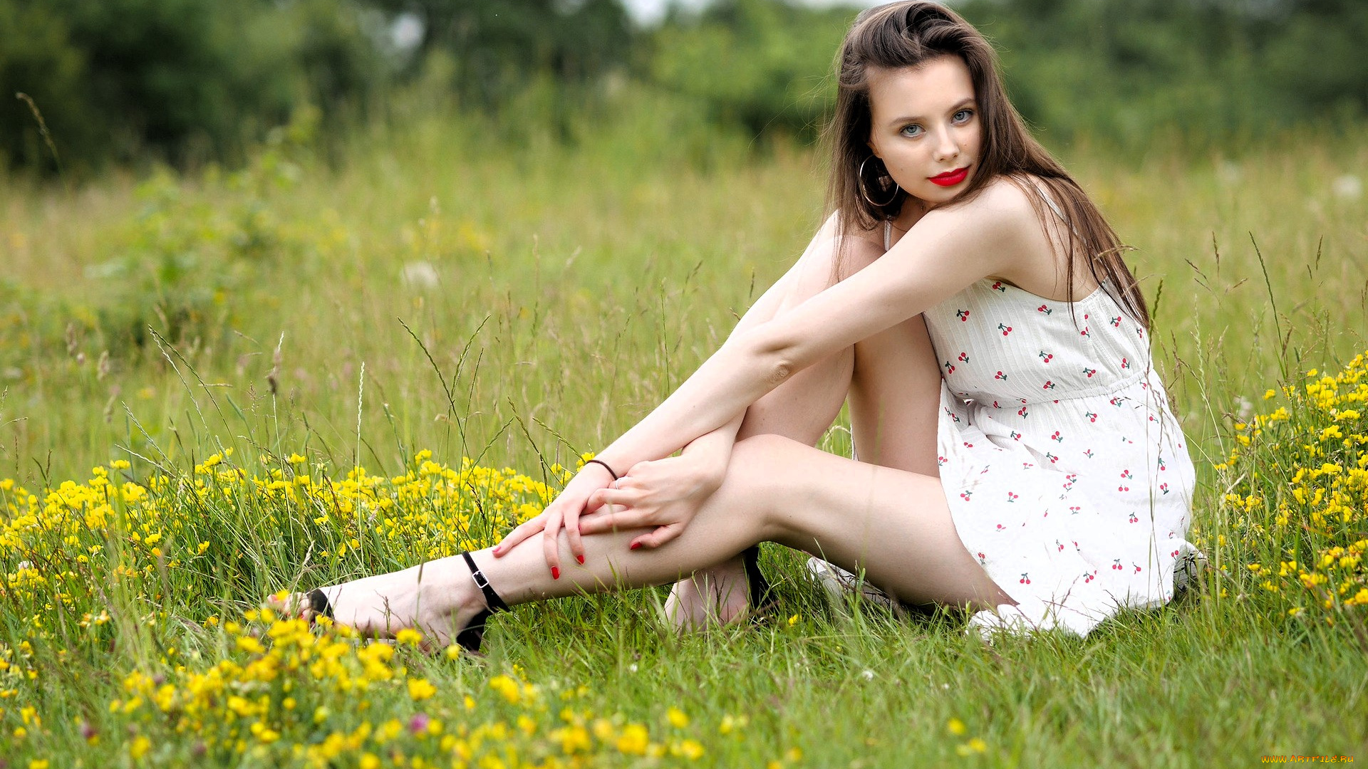 девушки, -, брюнетки, , шатенки, шатенка, платье, луг