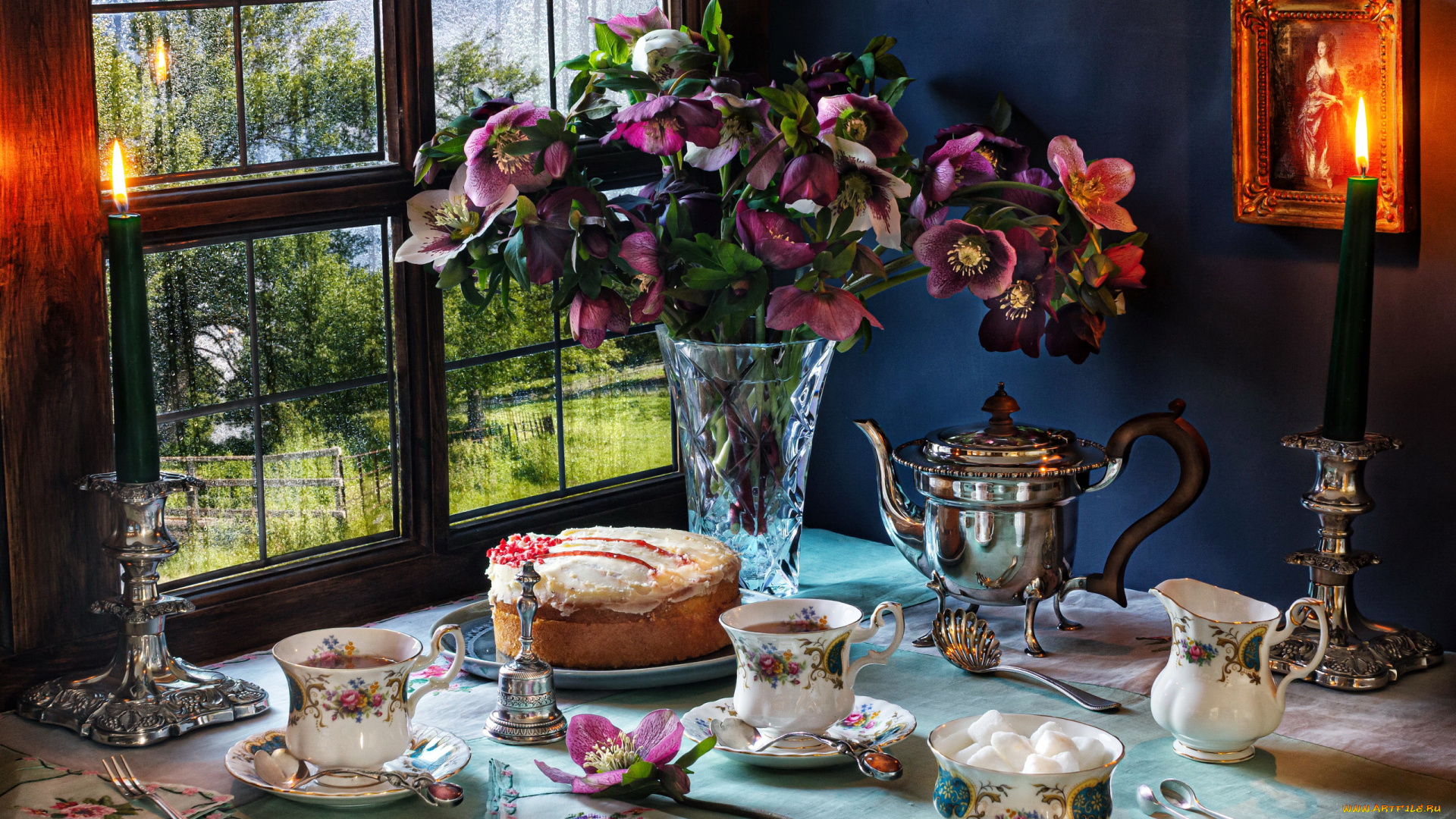 еда, натюрморт, свечи, пирог, чайник, чай, сахар