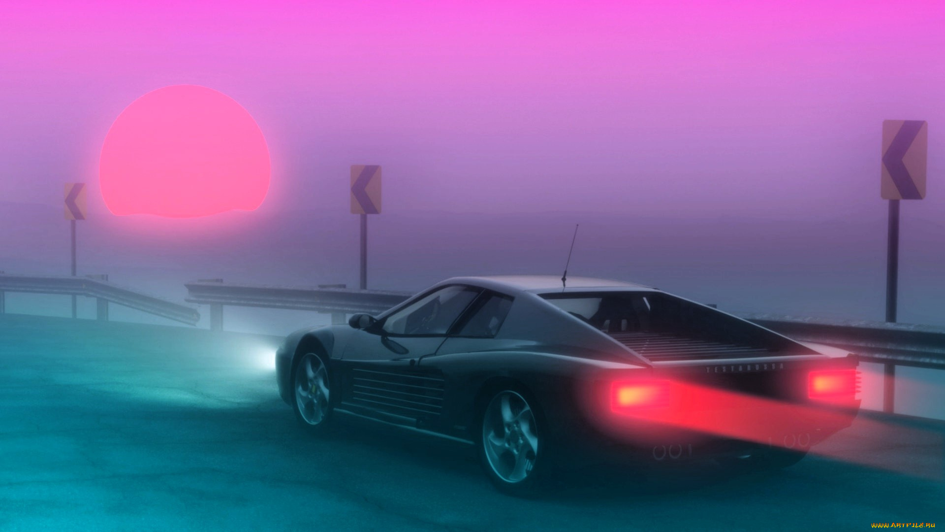 ferrari, testarossa, автомобили, 3д, светлый, дорога, туман, рассвет