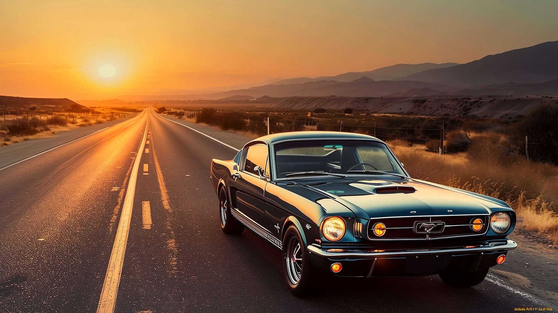 ford, mustang, автомобили, 3д, синий, дорога, закат