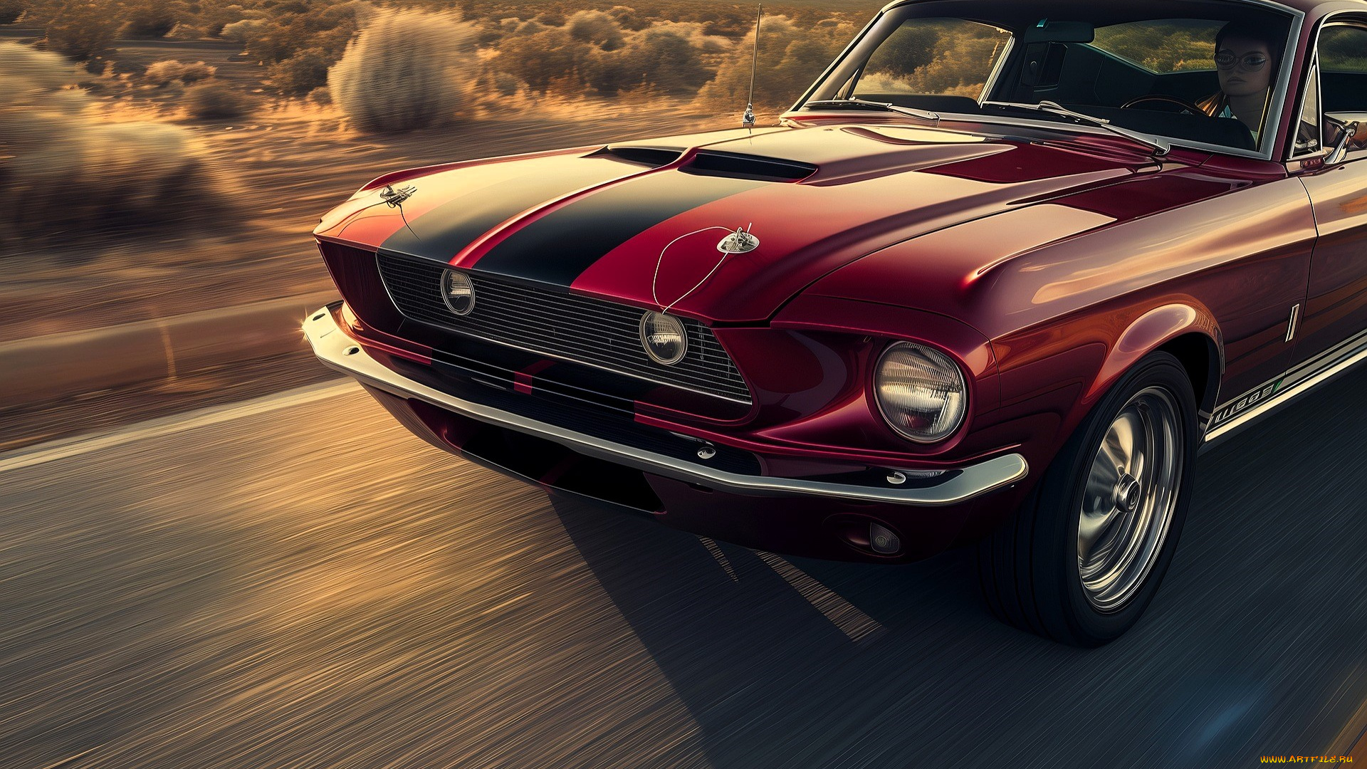 ford, mustang, автомобили, фрагменты, автомобиля, красный, скорость, дорога, кусты, горы