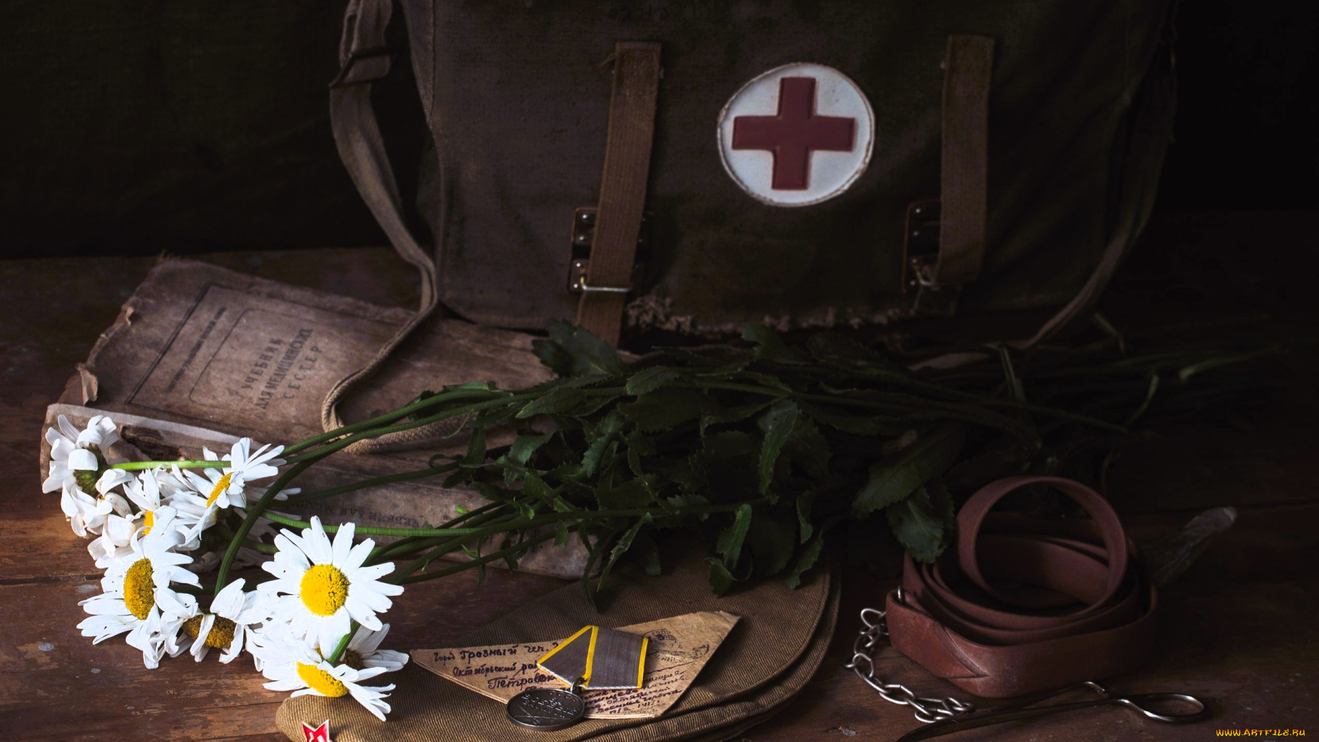 праздничные, день, победы, сумка, ремень, книга, ромашки, письмо, награда, пилотка