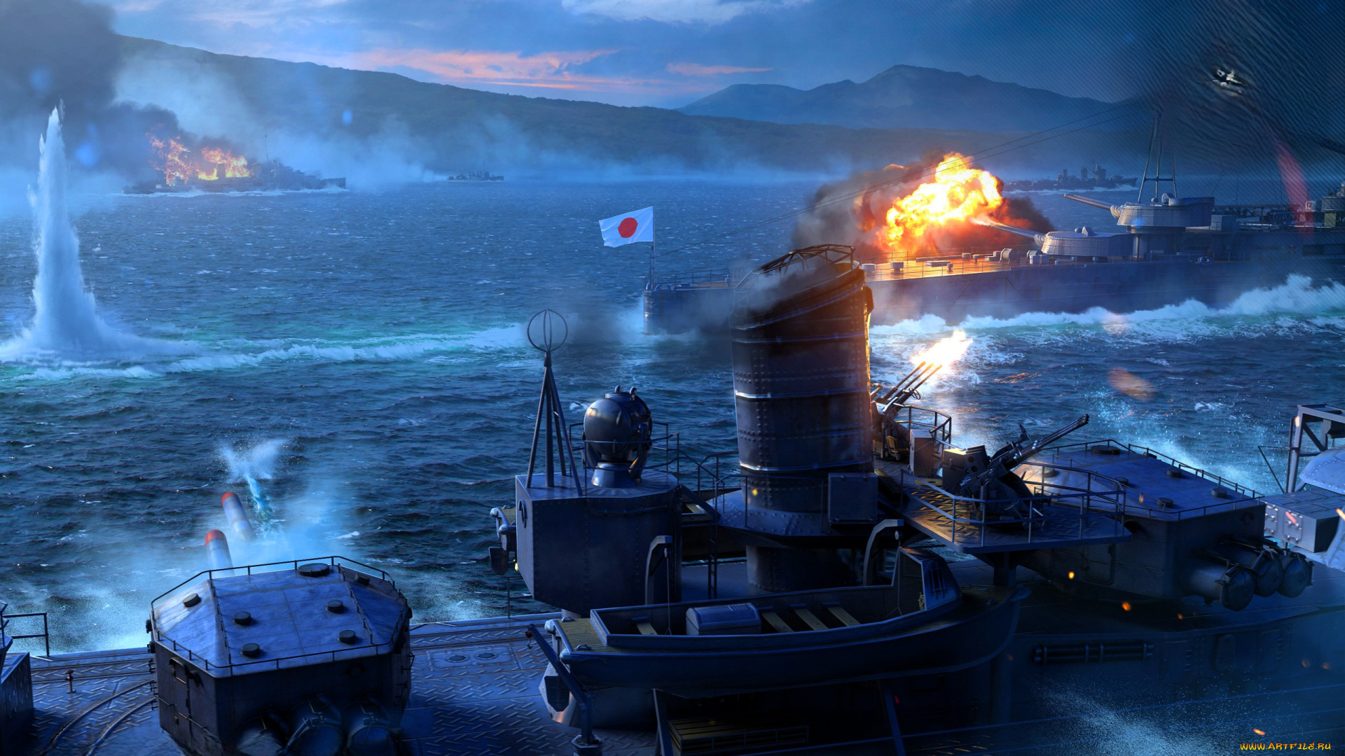 видео, игры, world, of, warships, корабли, бой, море, огонь, горы
