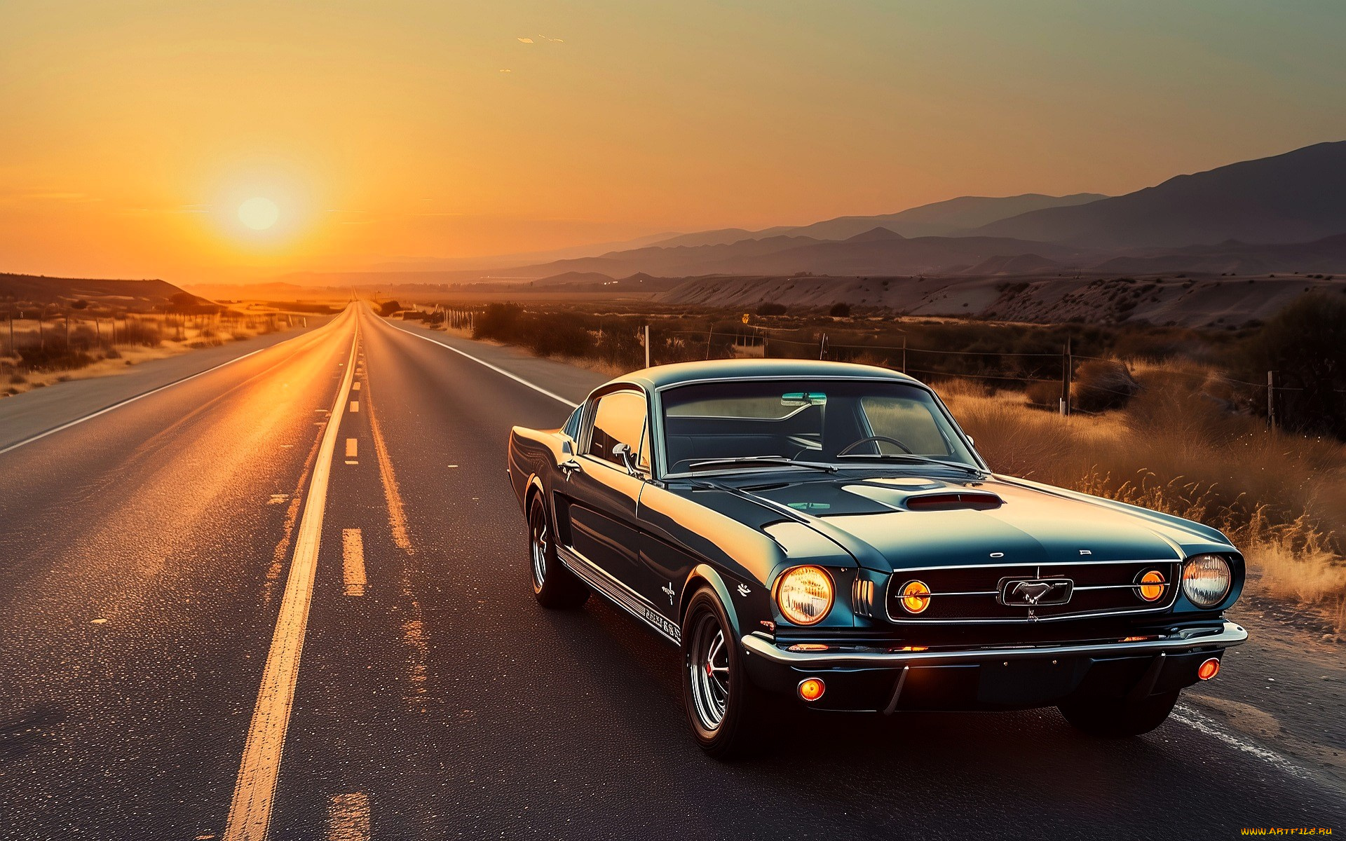 ford, mustang, автомобили, 3д, синий, дорога, закат