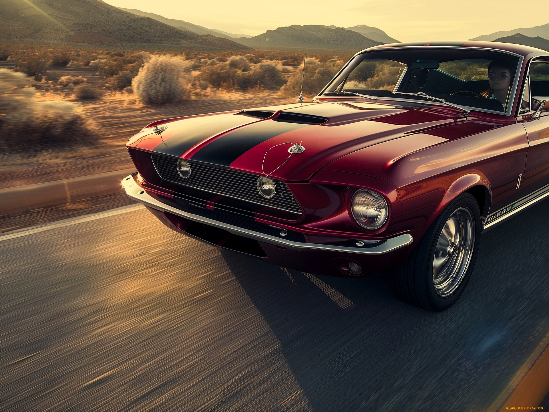 ford, mustang, автомобили, фрагменты, автомобиля, красный, скорость, дорога, кусты, горы