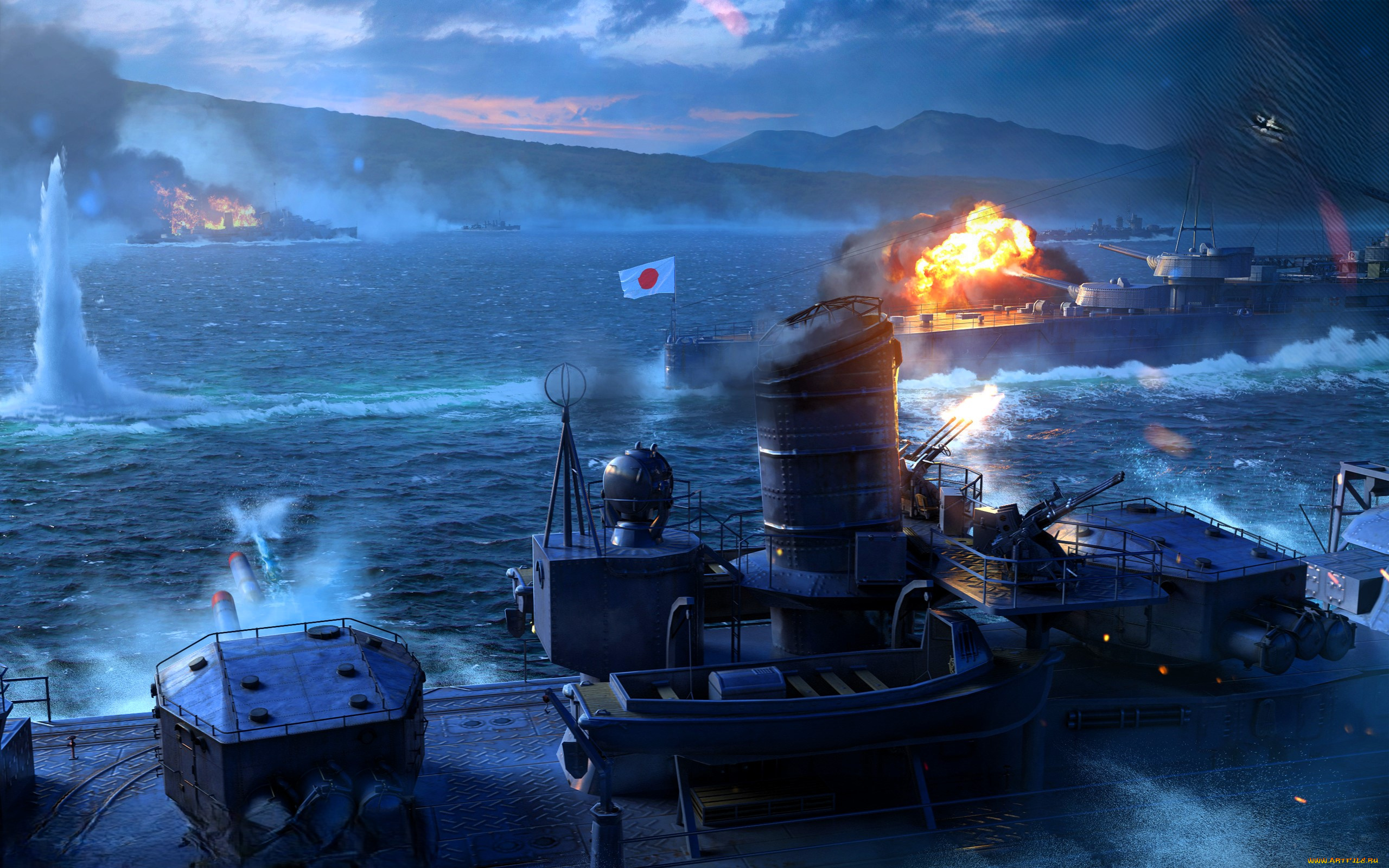 видео, игры, world, of, warships, корабли, бой, море, огонь, горы