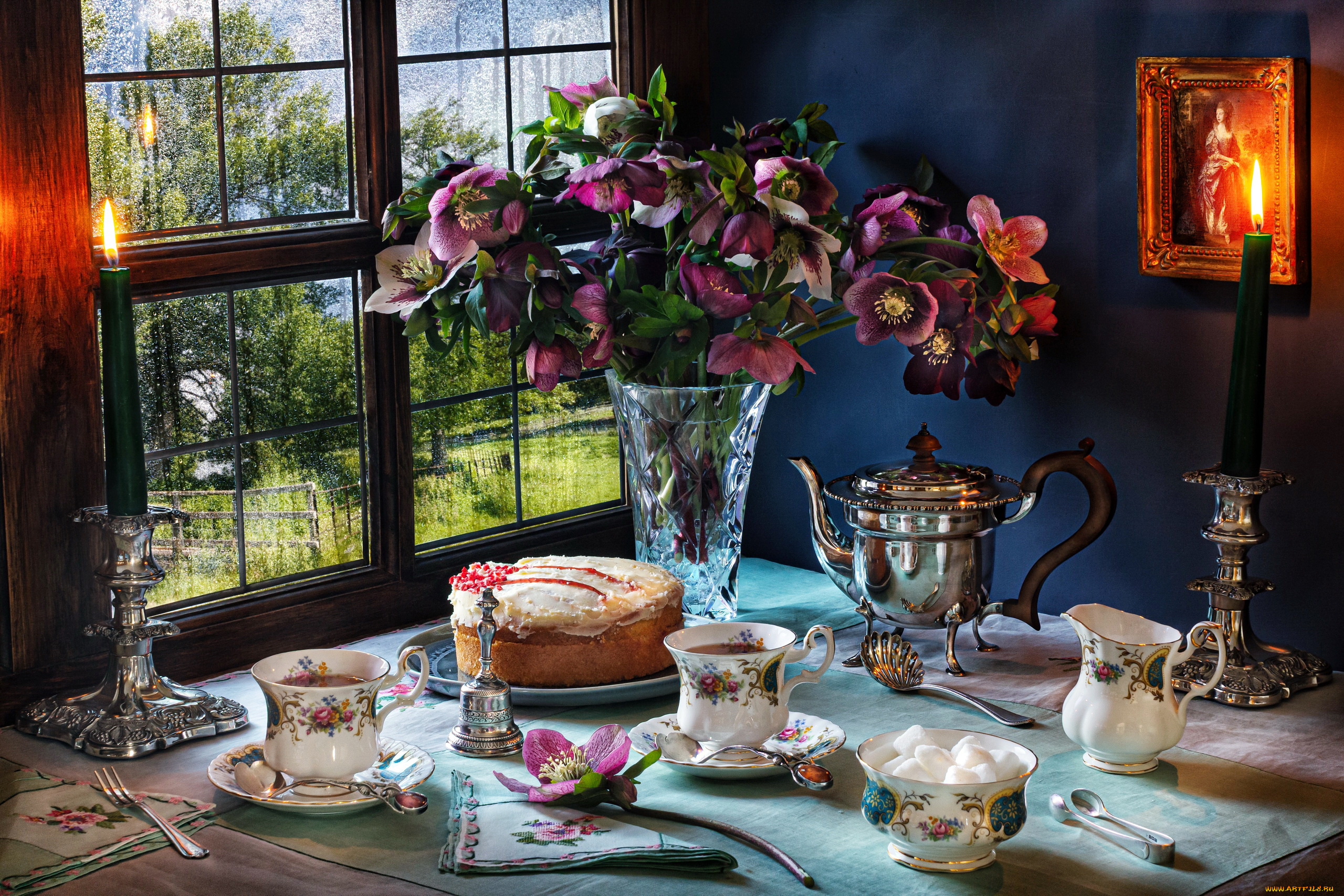 еда, натюрморт, свечи, пирог, чайник, чай, сахар