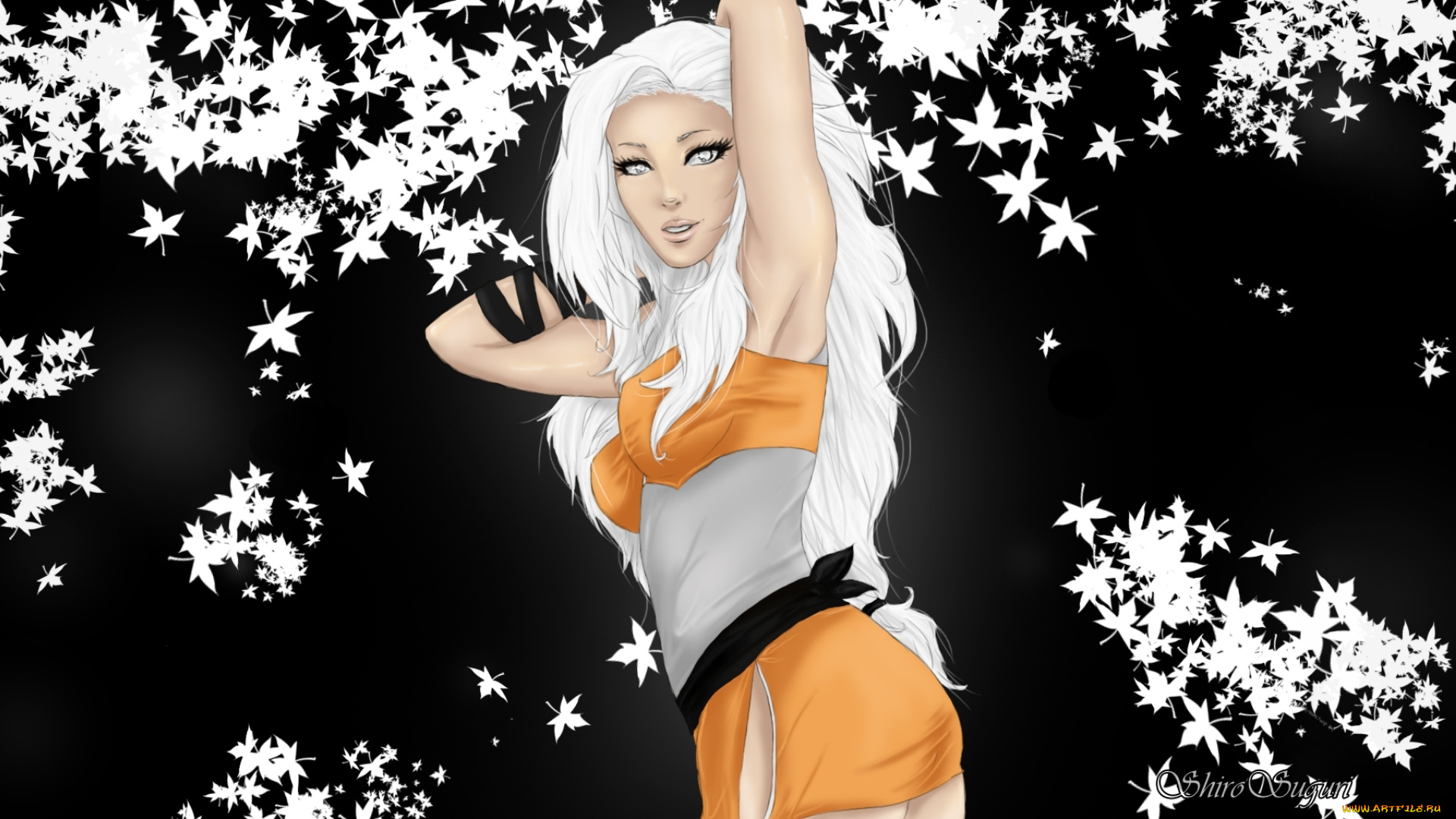 векторная, графика, черный, фон, руки, листья, взгляд, белые, волосы, девушка