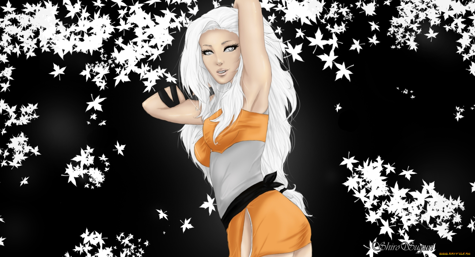 векторная, графика, черный, фон, руки, листья, взгляд, белые, волосы, девушка