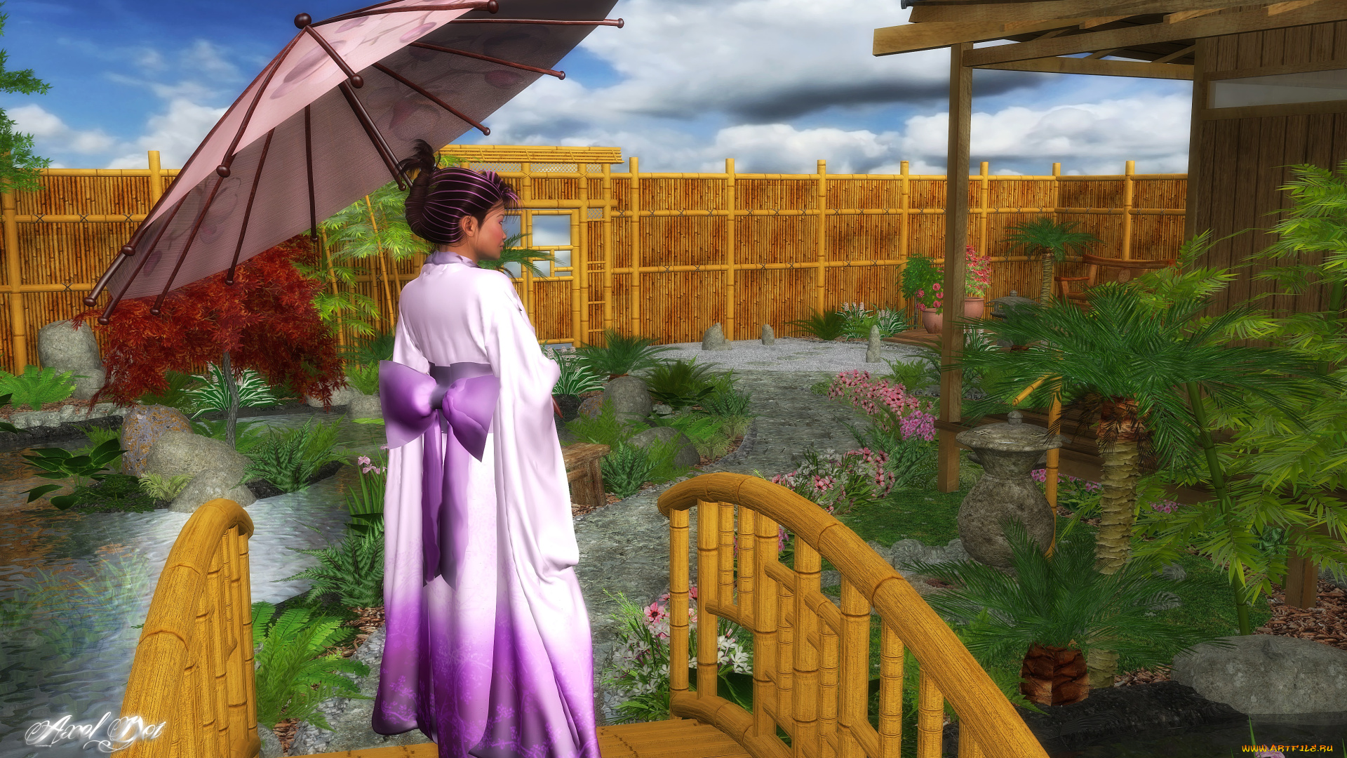 3д, графика, people, , люди, японка, зонтик