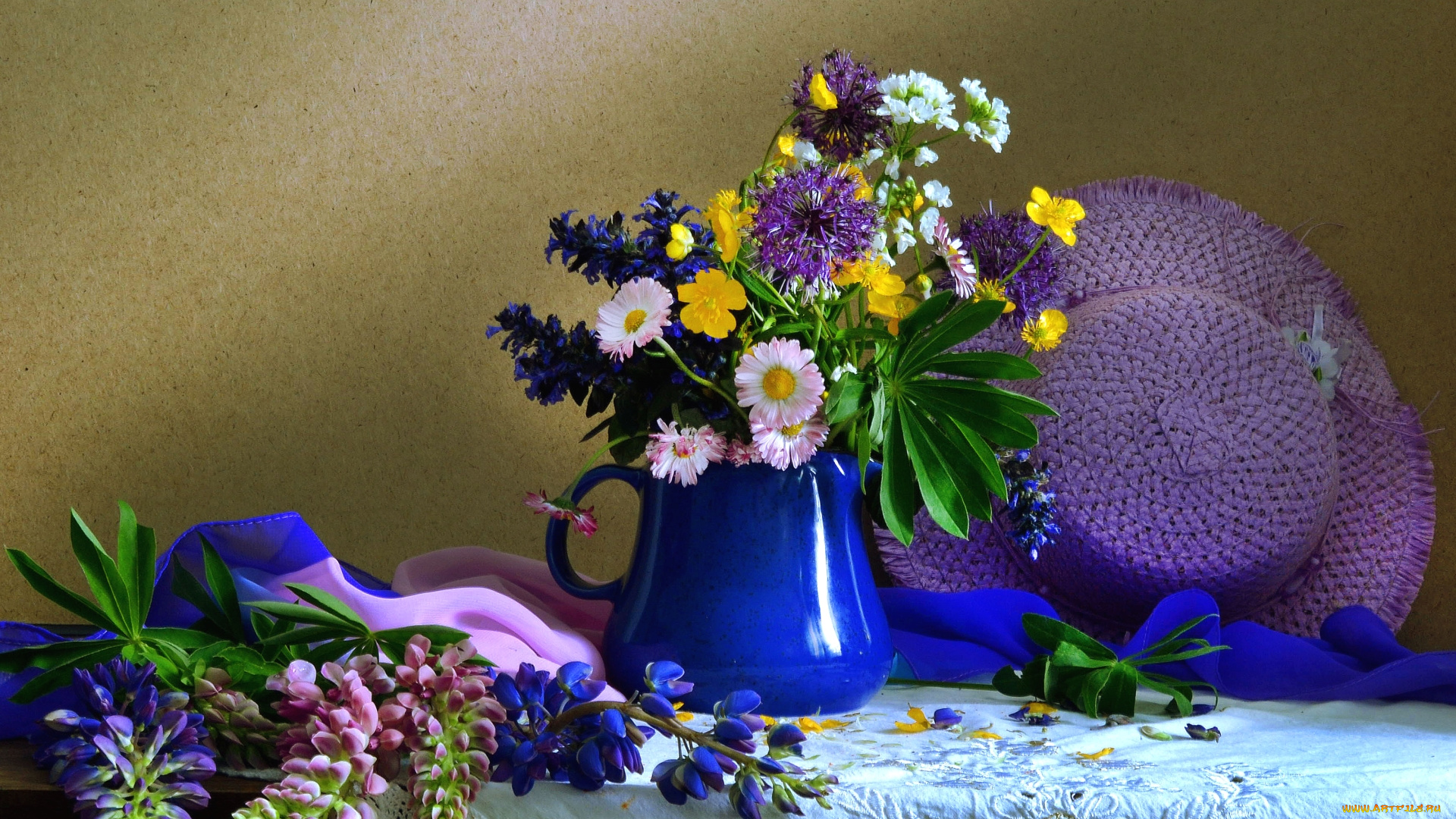 цветы, разные, вместе, люпин, маргаритки