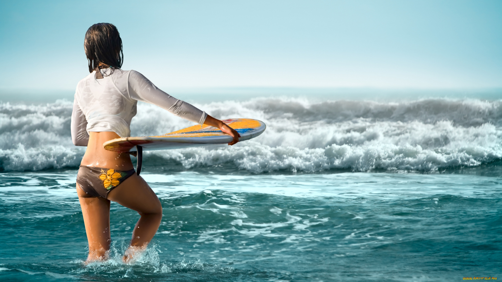 девушки, -unsort, , брюнетки, , шатенки, доска, океан, волны, серфинг