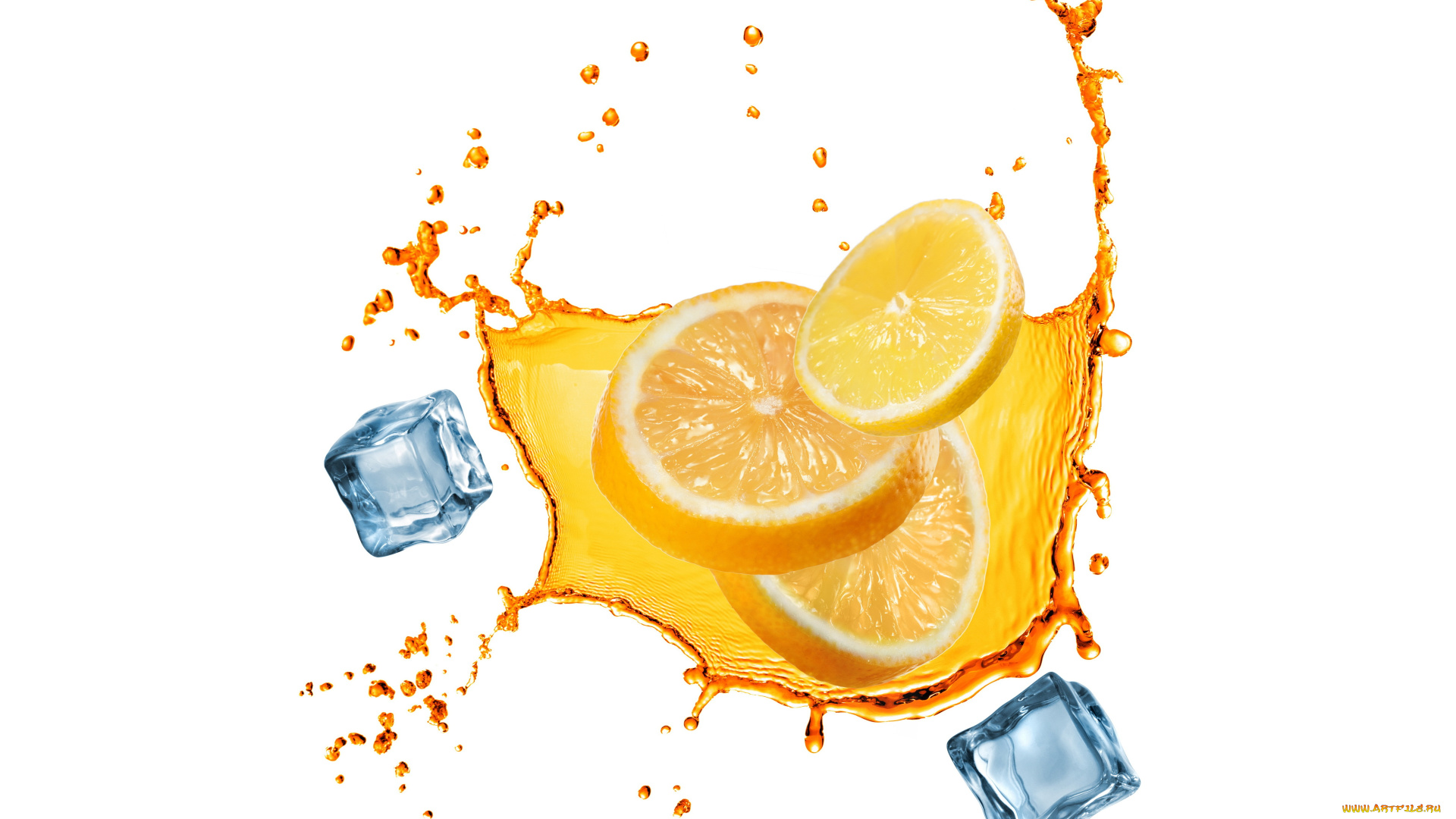 еда, цитрусы, белый, фон, вода, брызги, лимон, дольки, лед, white, background, water, splashes, lemon, slices, ice