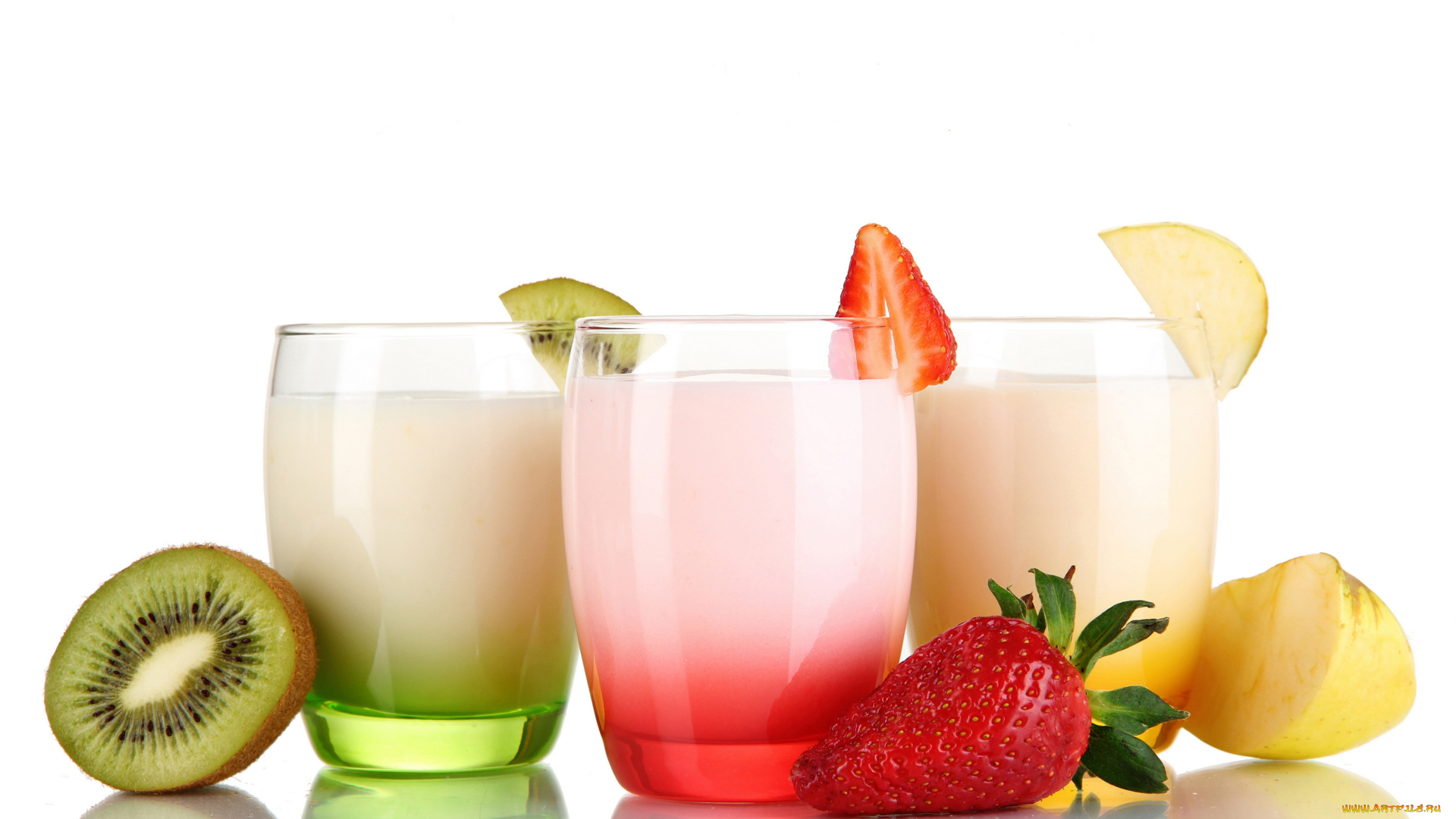 еда, напитки, , коктейль, йогурт, стаканы, клубника, киви, яблоко, отражение