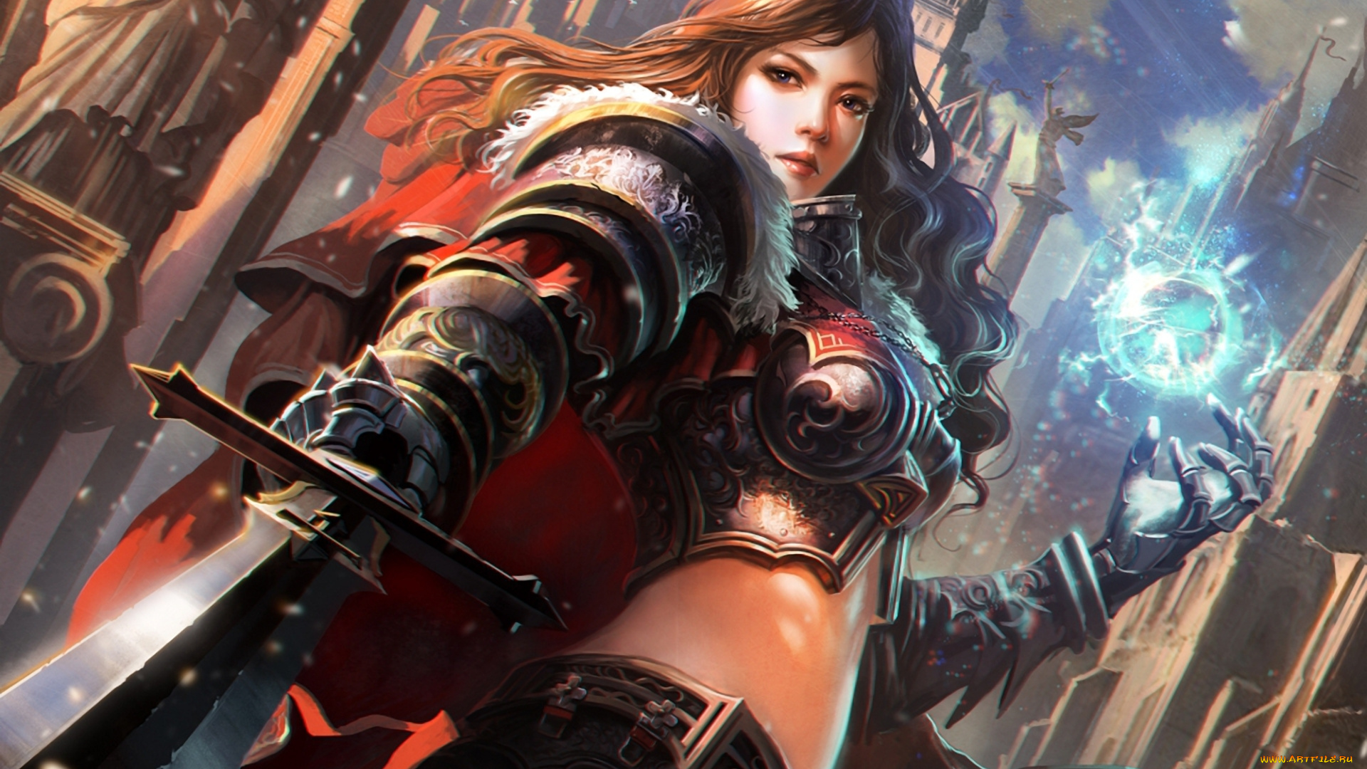 фэнтези, магия, рыцарь, город, сфера, меч, доспехи