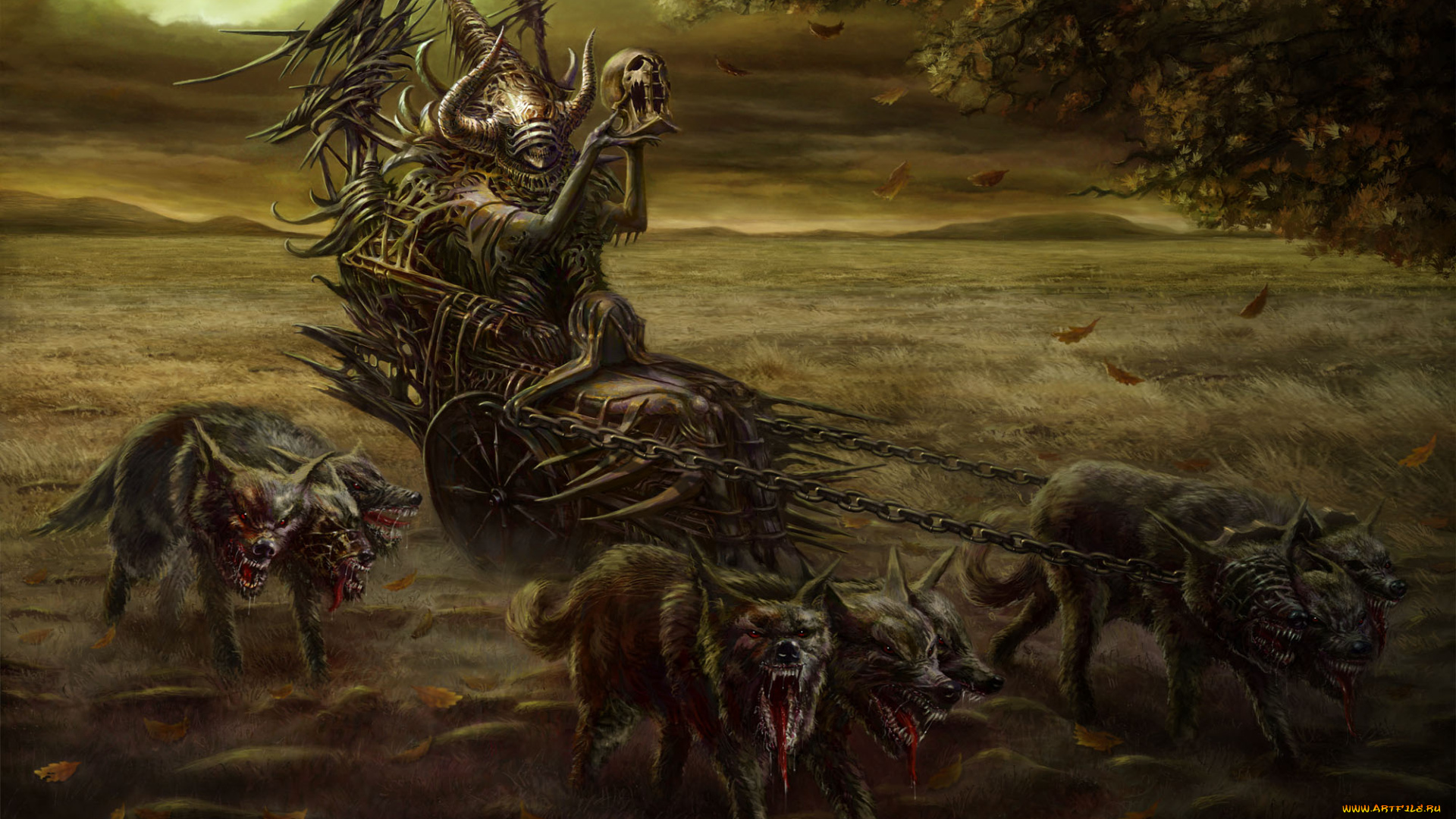 фэнтези, нежить, череп, монстры, повозка, чудовища, сюрреализм, трёхглавые, волки