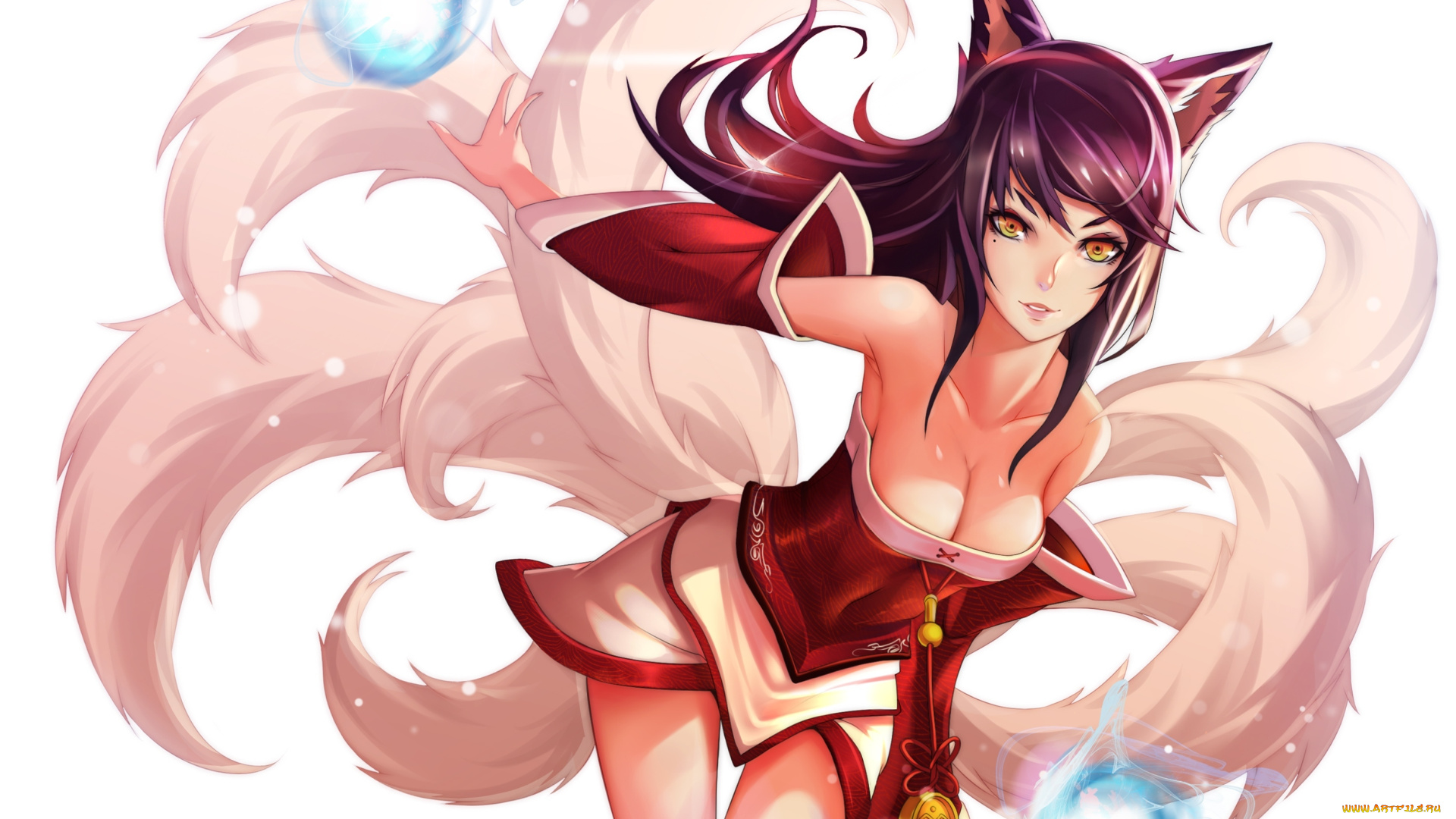 фэнтези, существа, белые, хвосты, девушка-кошка, арт, ушки