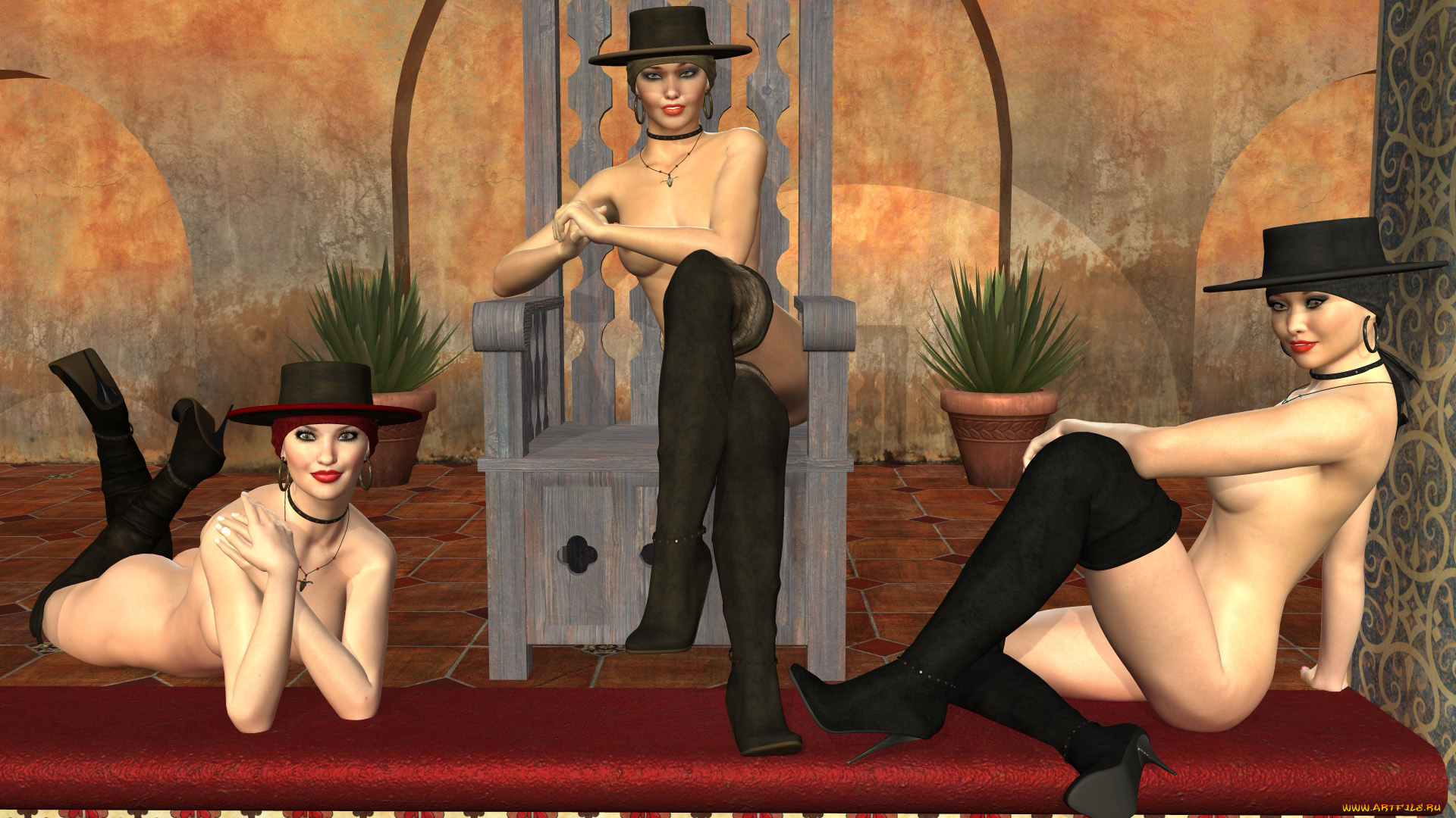 hot, girls, 3д, графика, people, , люди, сапожки, взгляд, девушки, кресло, шляпа