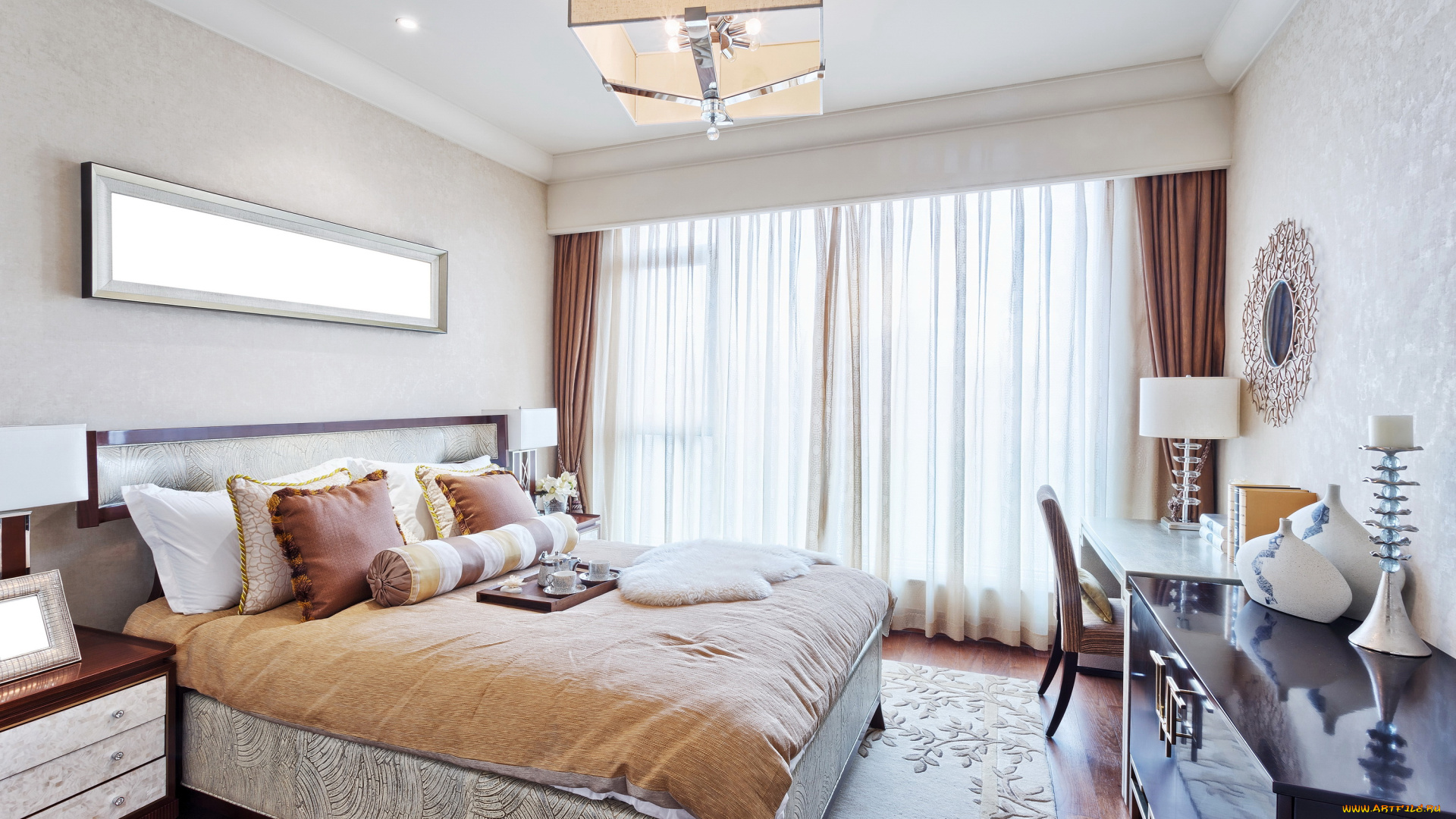 интерьер, спальня, подушки, кровать, дизайн