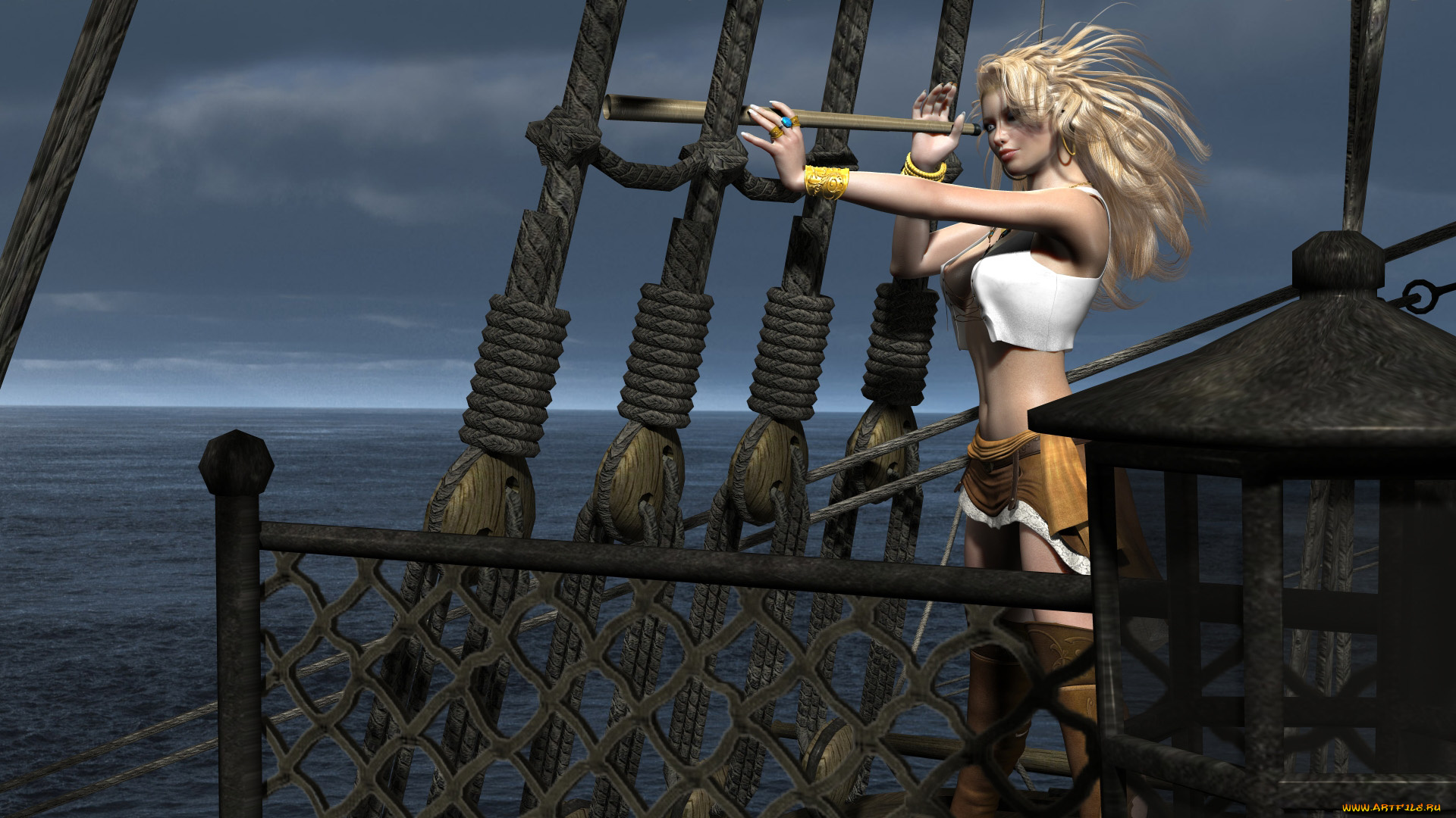 riis, sexy, 3д, графика, people, , люди, девушка, взгляд, корабль, море