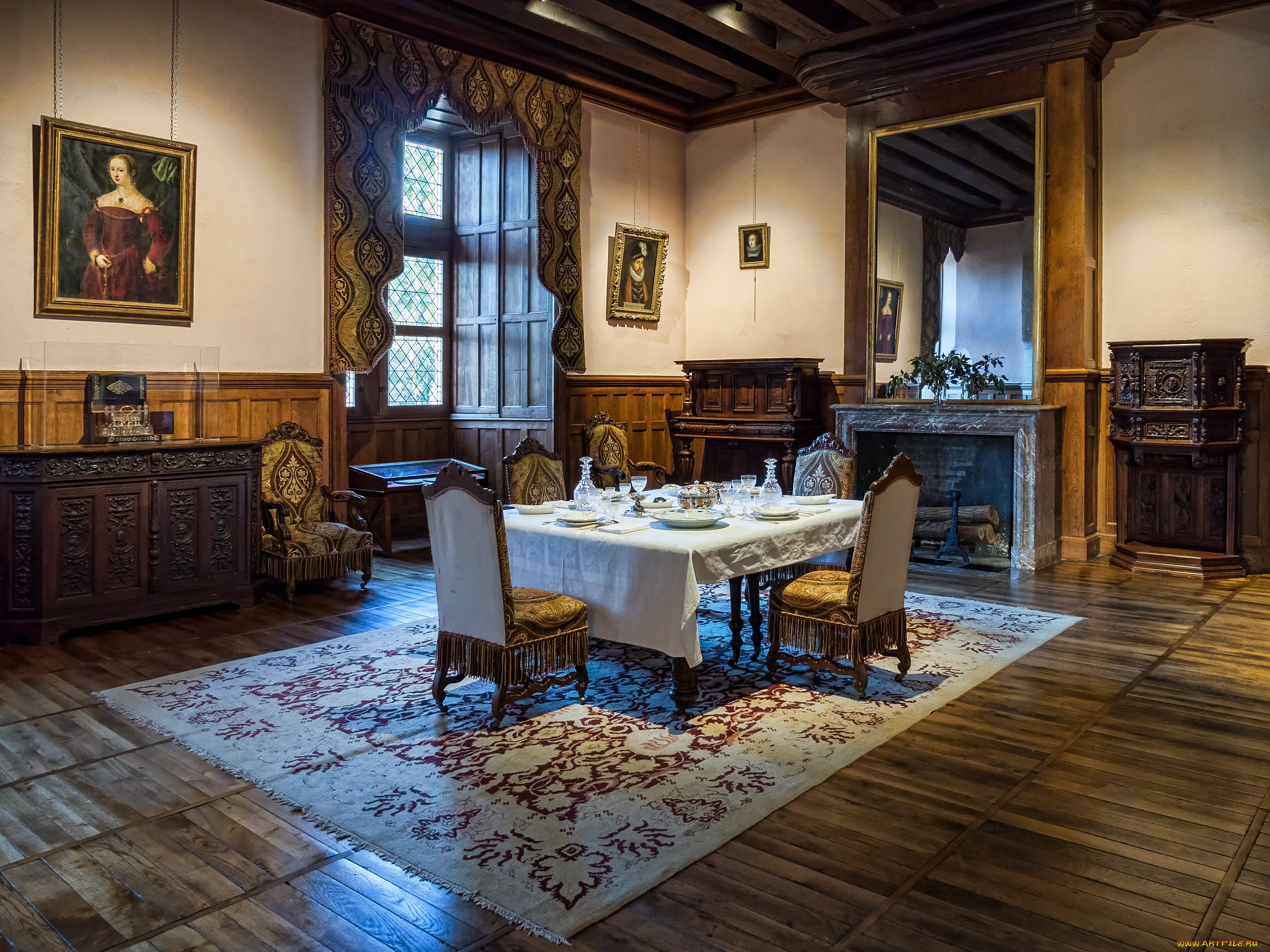 azay-le-rideau, , france, интерьер, столовая, приборы, стол, гостинная, картины