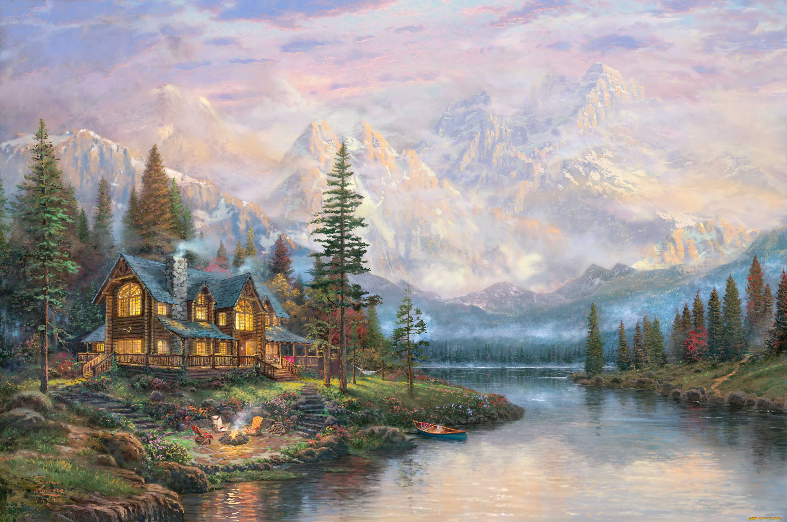 cathedral, mountain, lodge, рисованные, thomas, kinkade, дом, лес, горы, томас, кинкейд, река