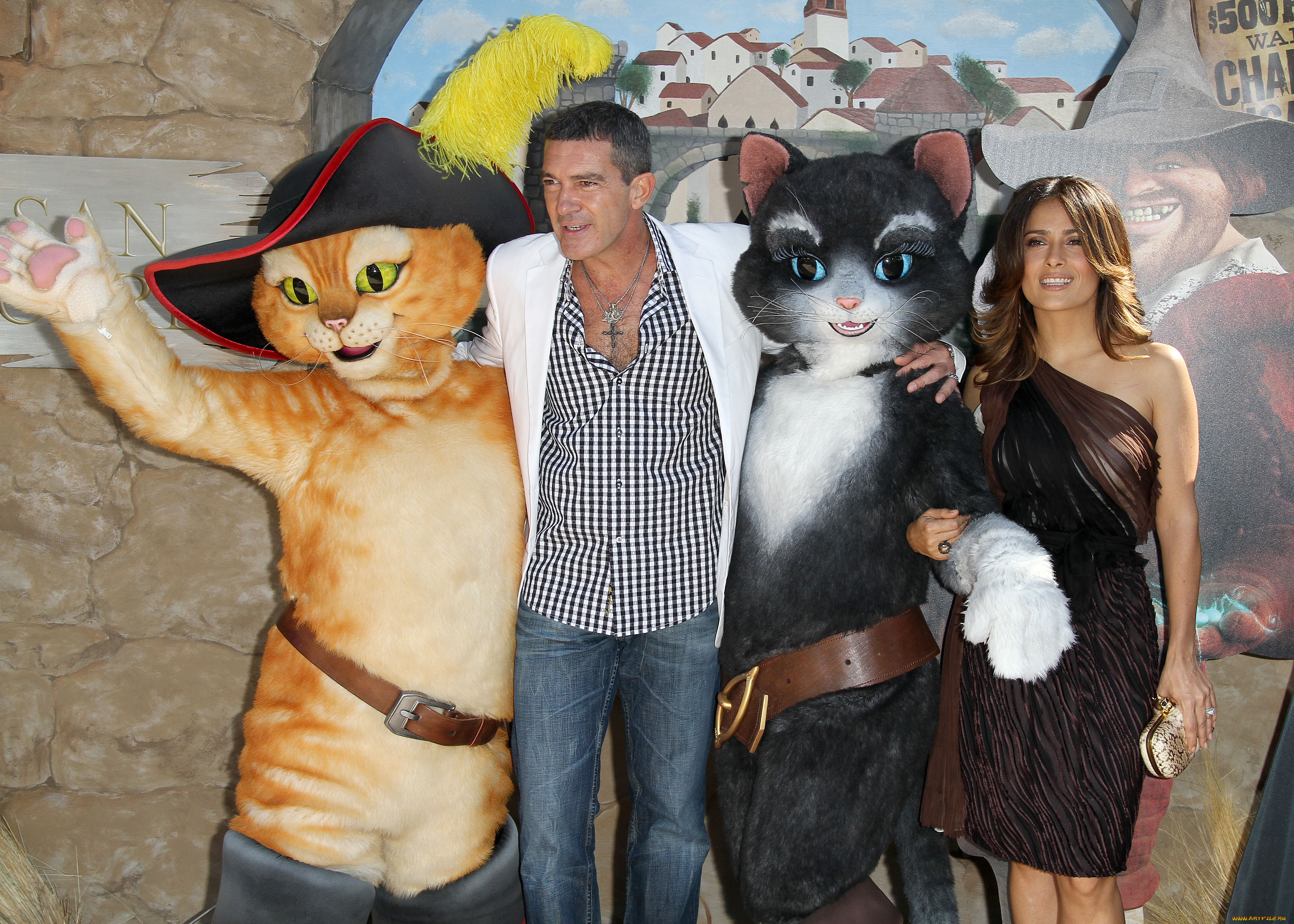 разное, знаменитости, сапоги, шляпа, кошка, кот, актер, бандерас, актриса, salma, hayek