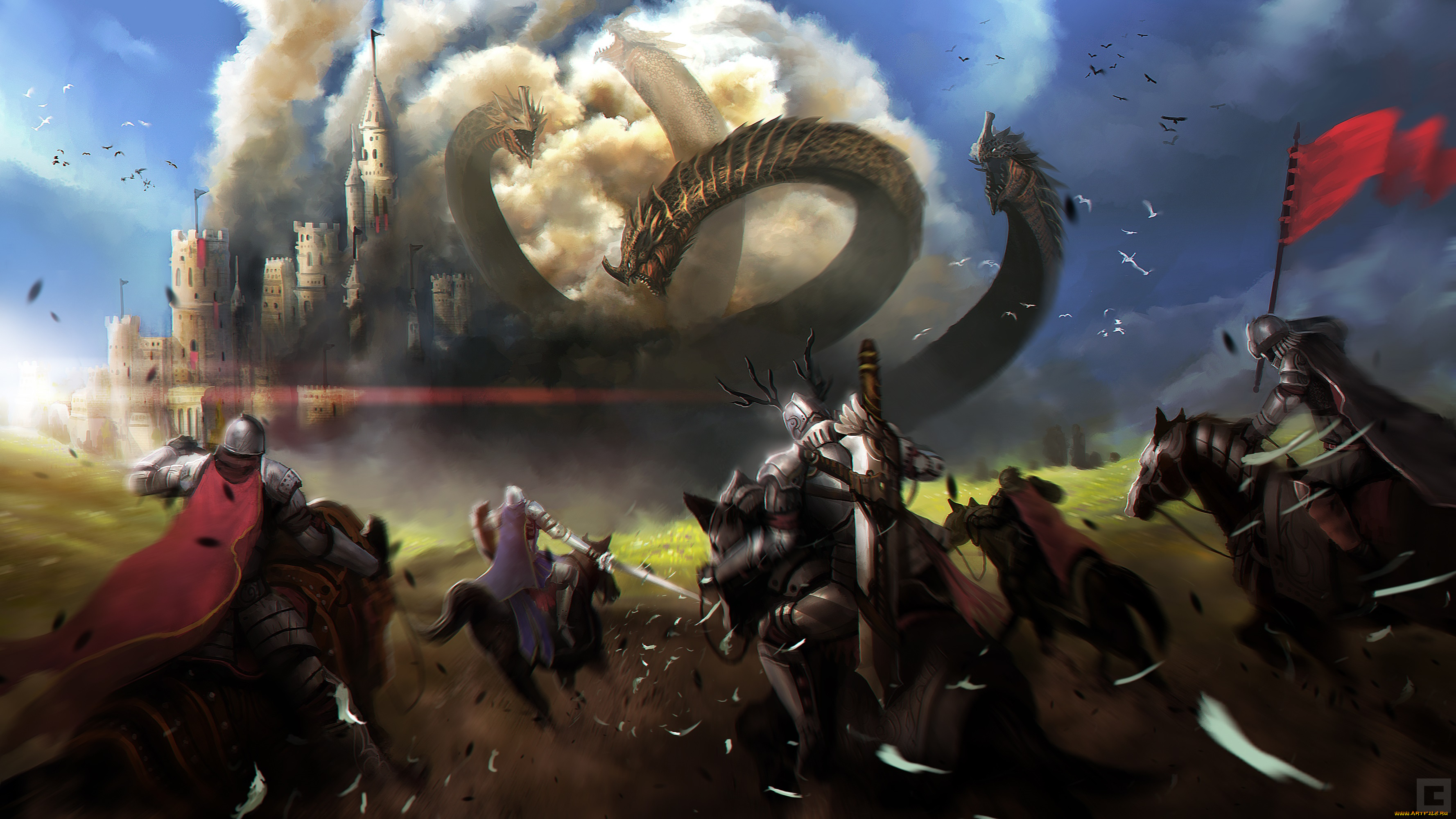 фэнтези, драконы, воины, замок