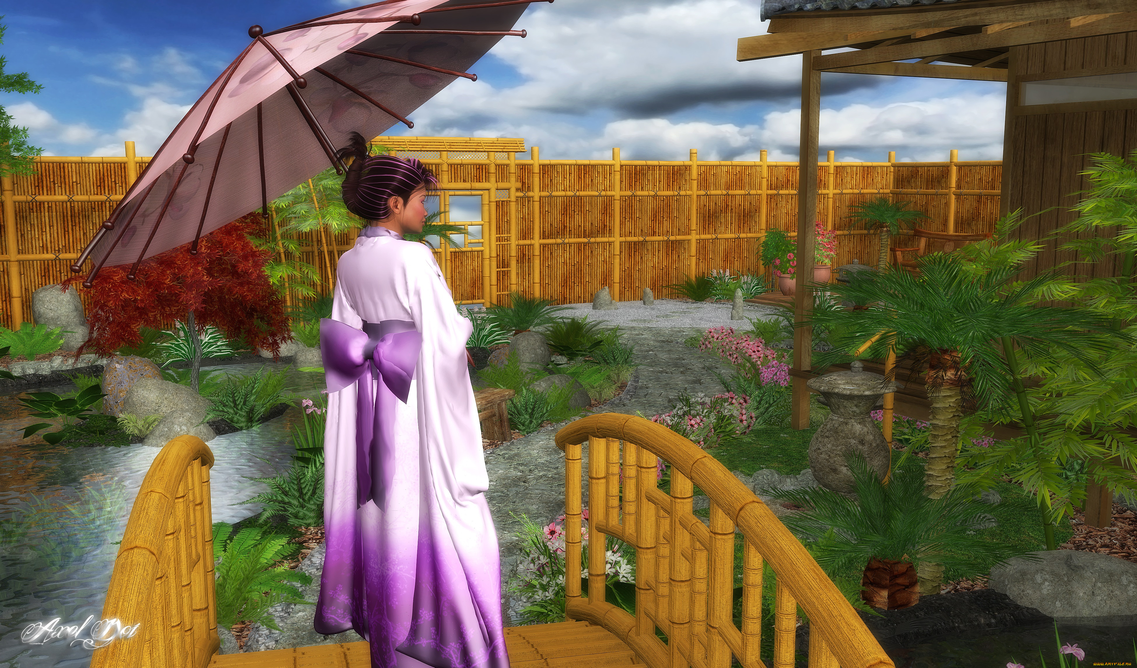 3д, графика, people, , люди, японка, зонтик