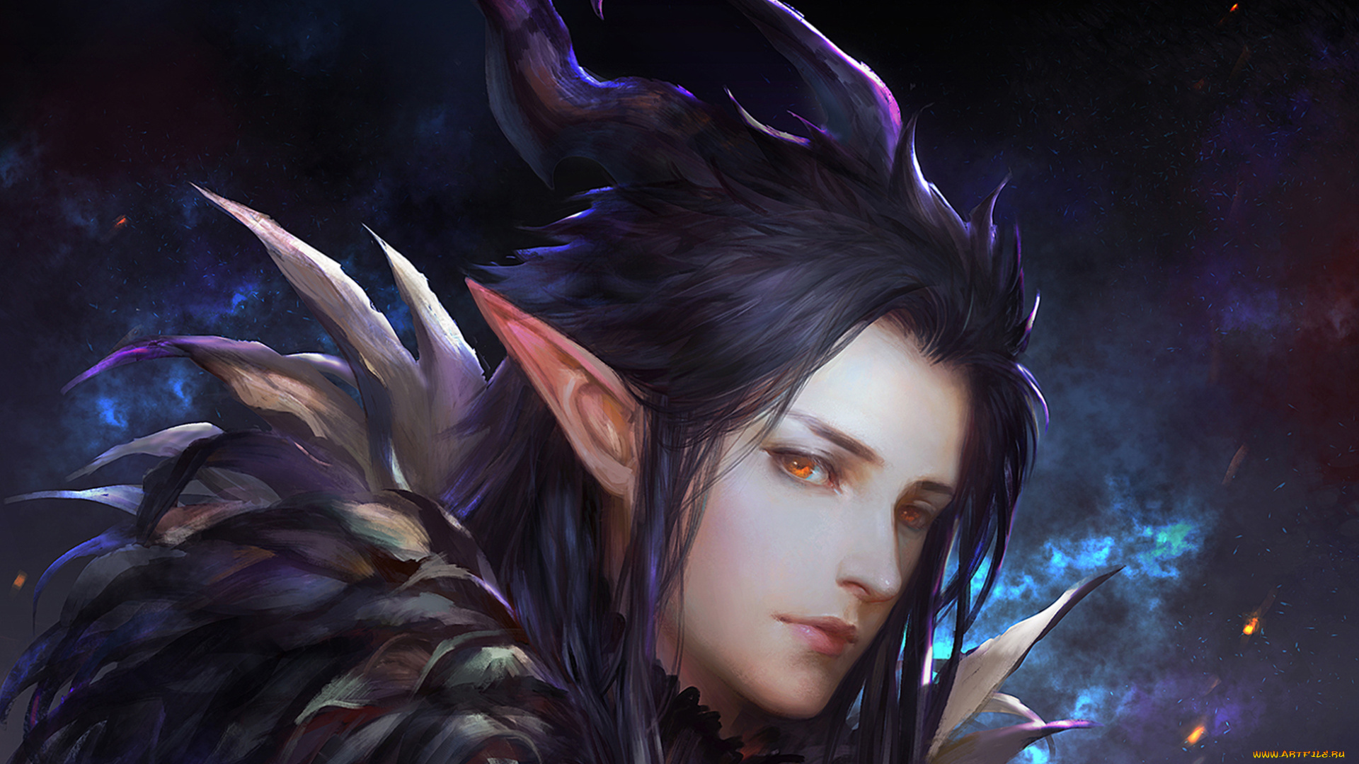 фэнтези, существа, рога, парень, искры, уши