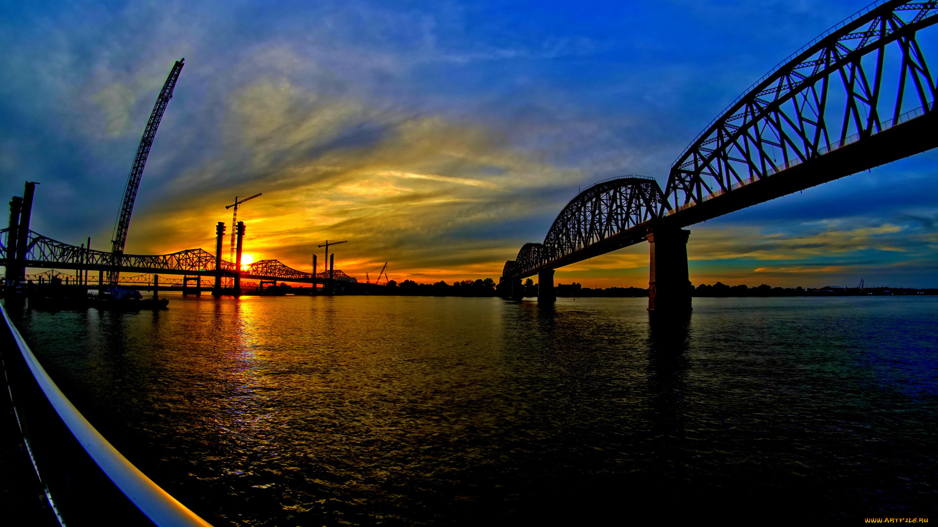 города, -, мосты, закат, река, мост