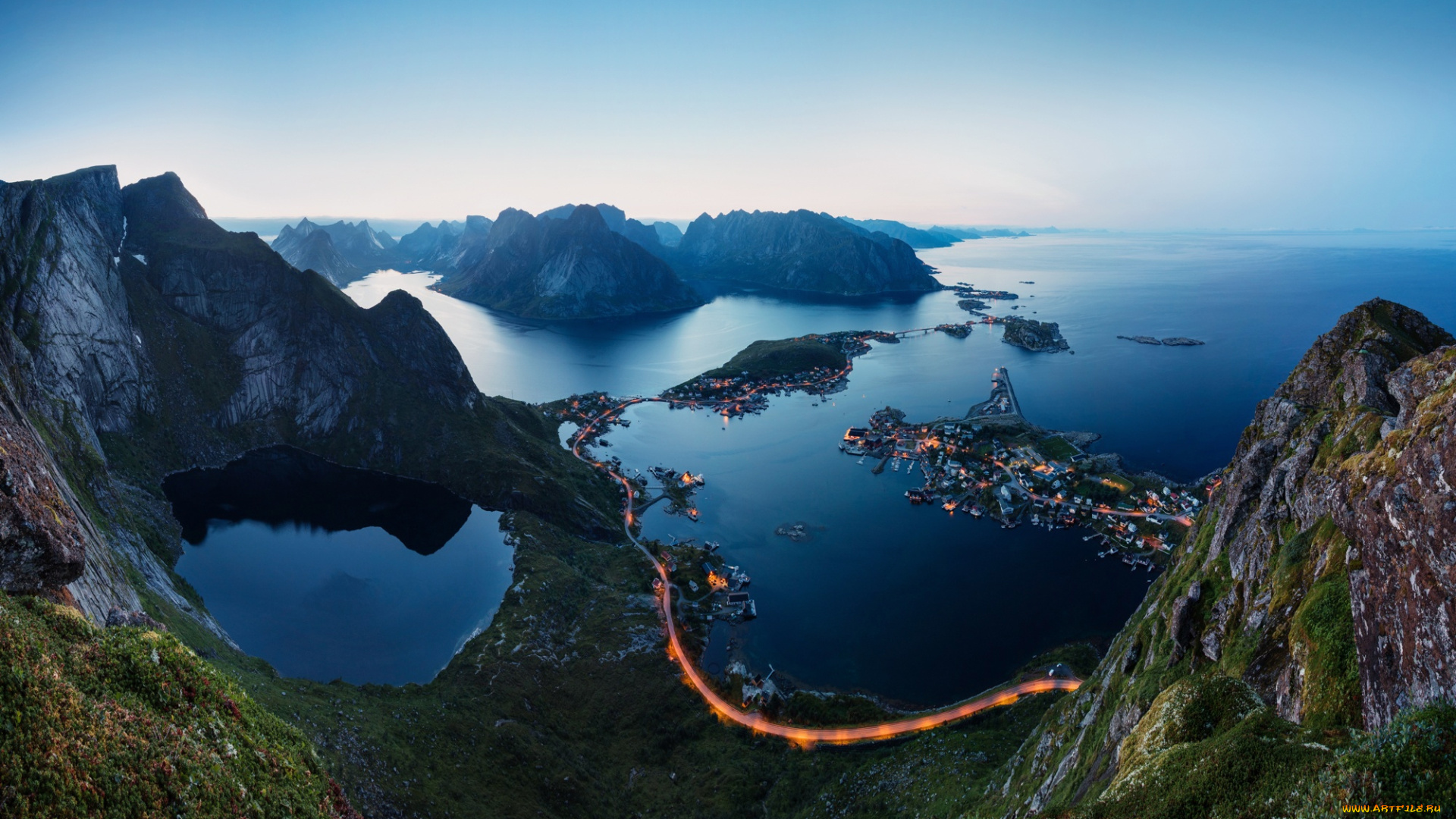 города, -, пейзажи, огни, вечер, фьорды, норвегия, лофотенские, острова, горы